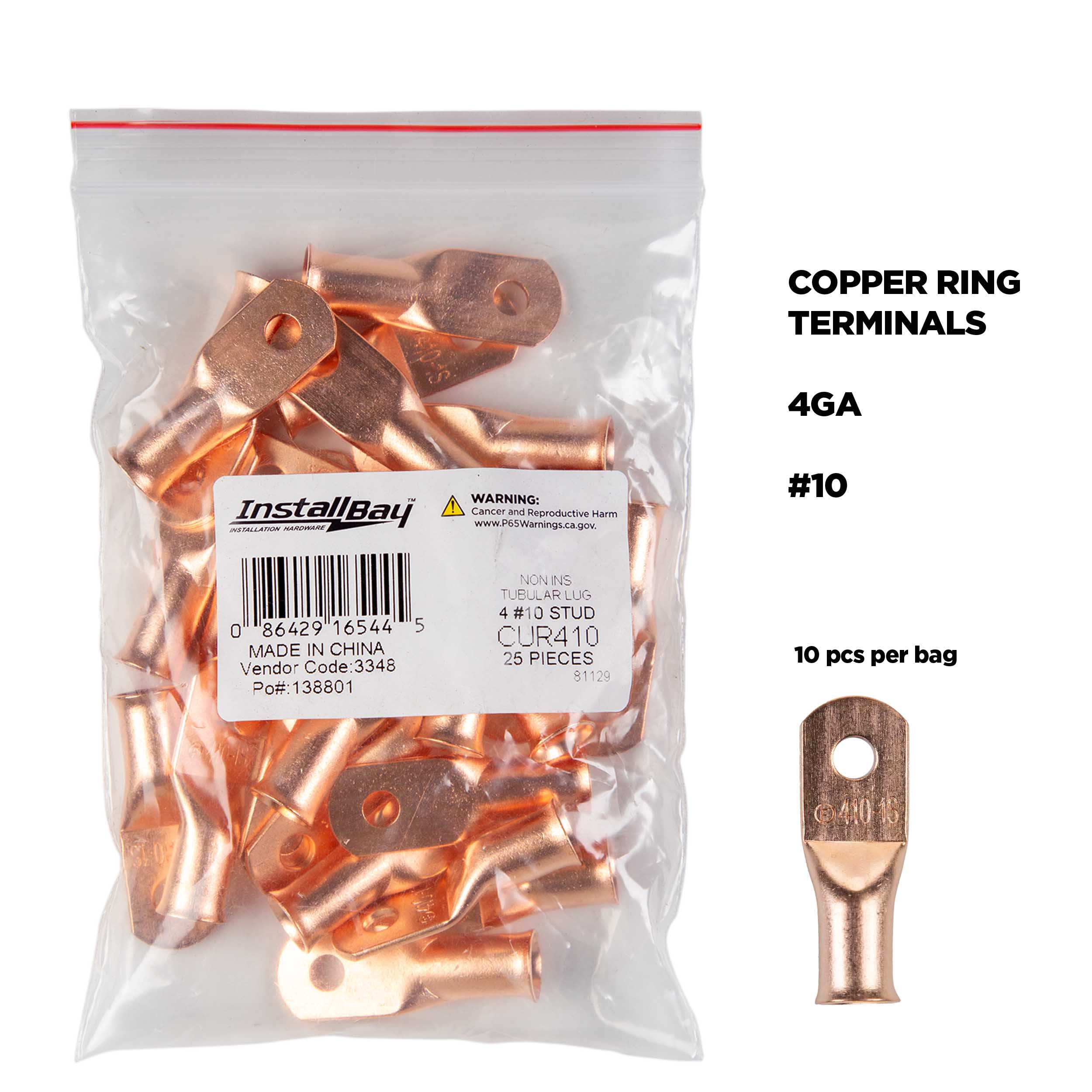Copper Uninsulated Ring Terminal 4 Gauge #10