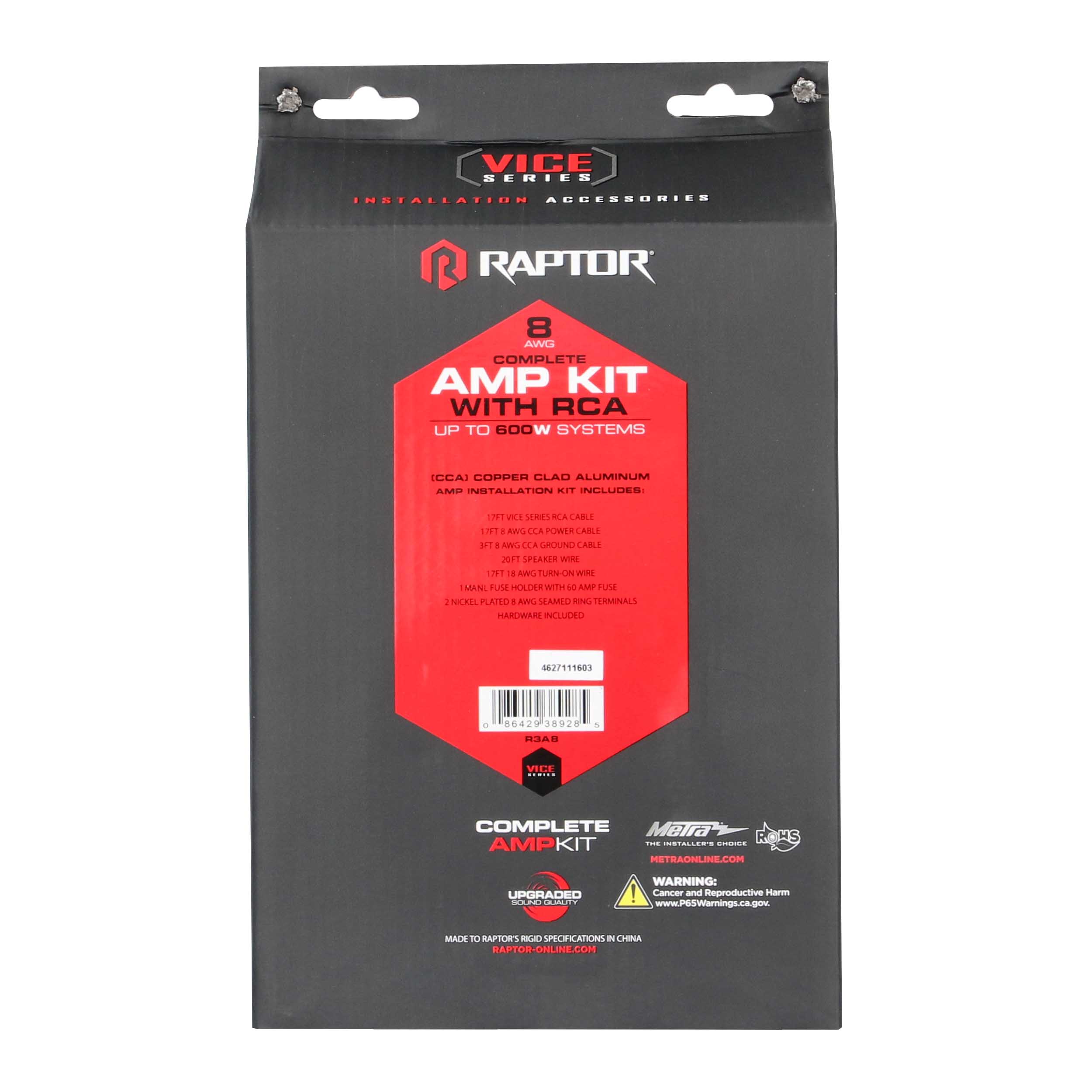 RAPTOR CCA 600W 8 AWG Amp Kit with RCA Cable - Vice Series