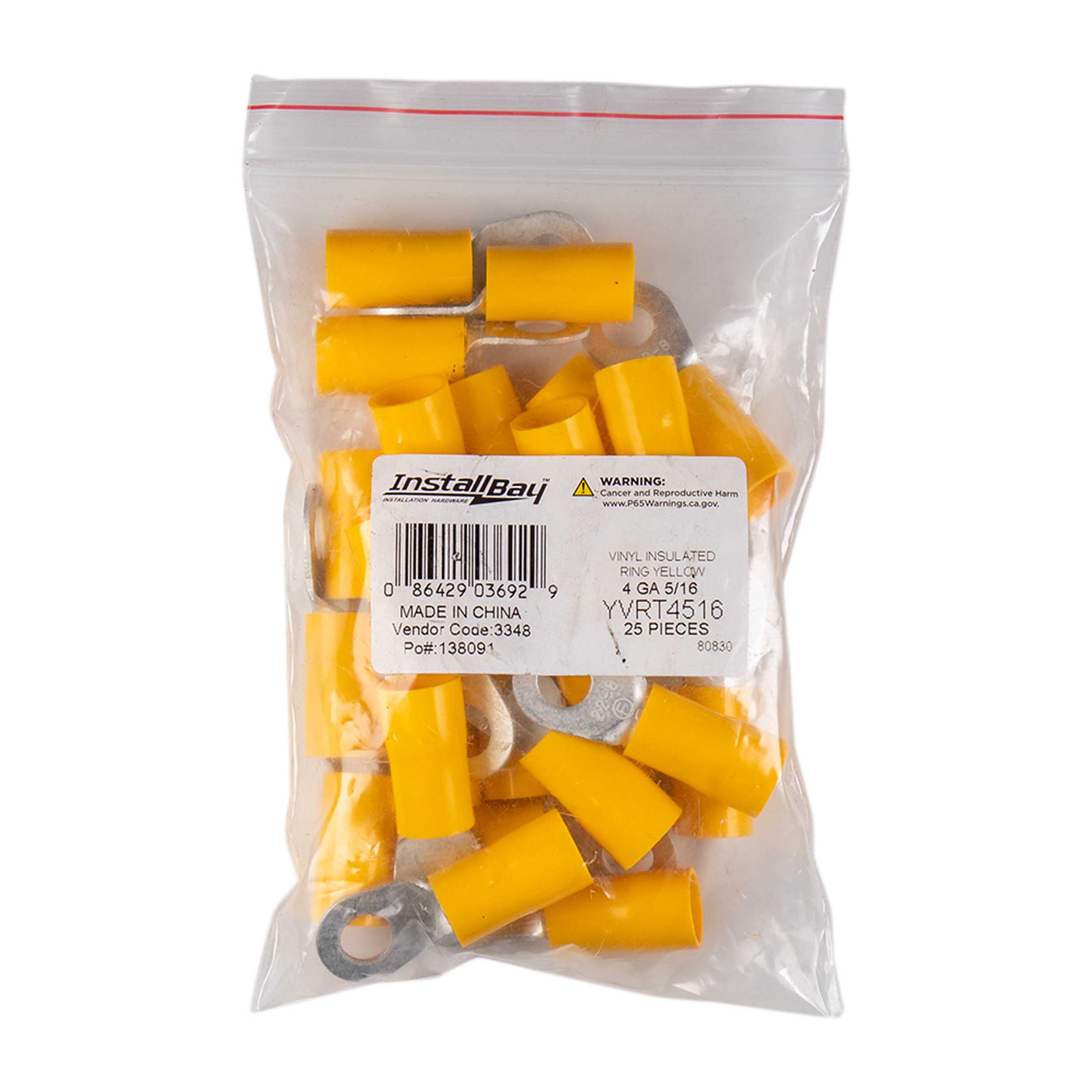 Yellow Vinyl Ring Terminal 4 Gauge 5/16 inch - Package of 25