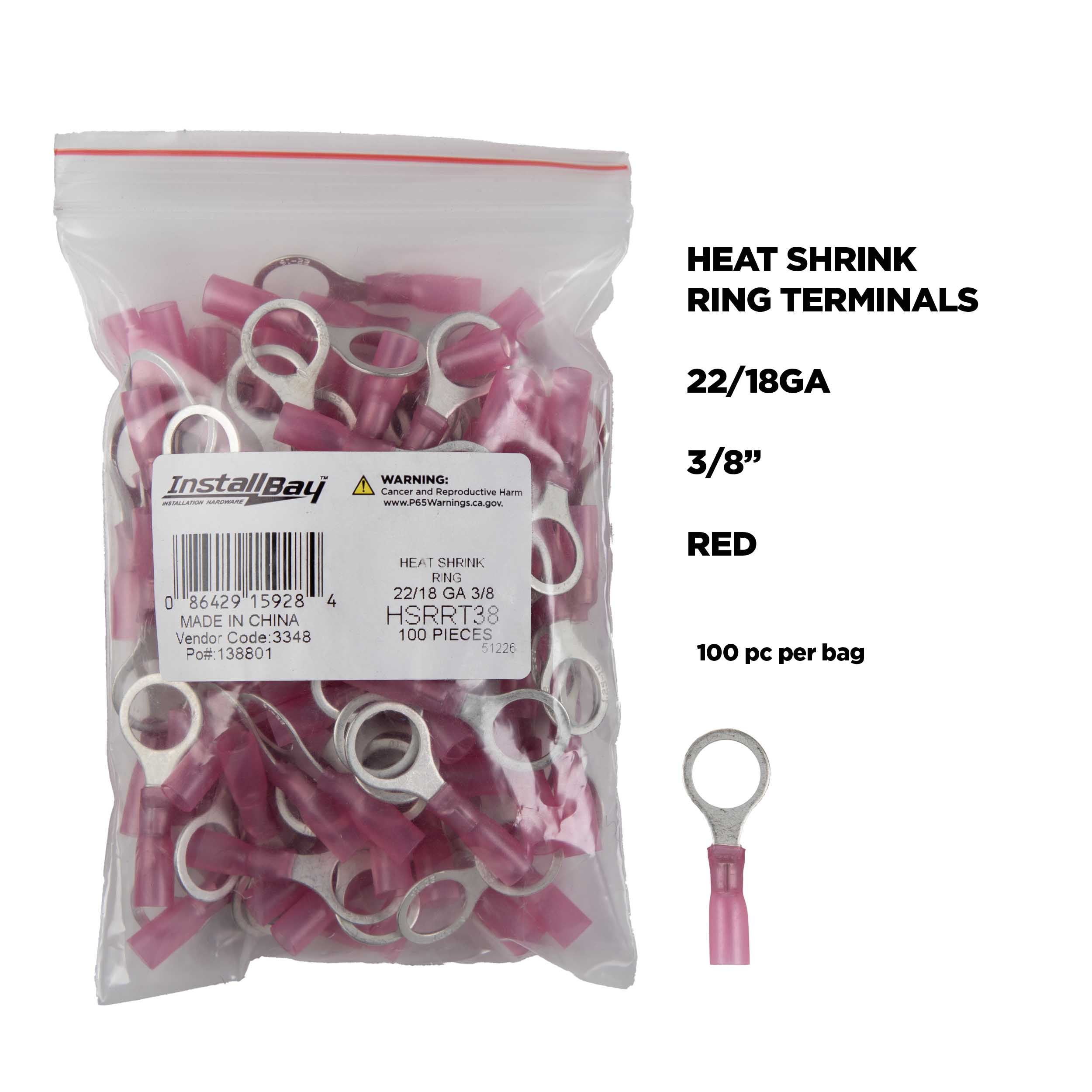 Heat Shrink Red Ring Terminal 22-18 Gauge 3/8 inch