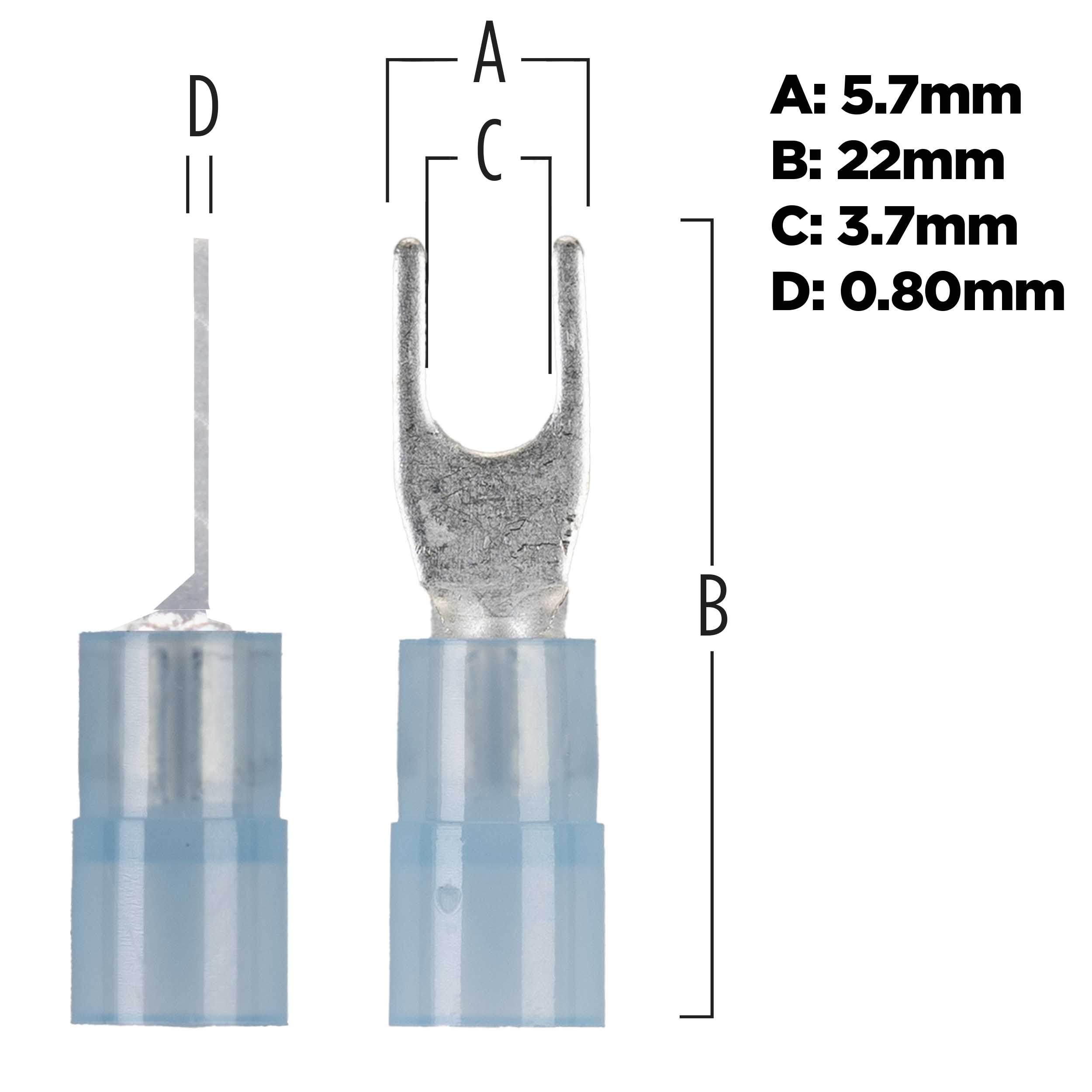 Blue Nylon Spade Terminals 16-14 Gauge #6 - Package of 100