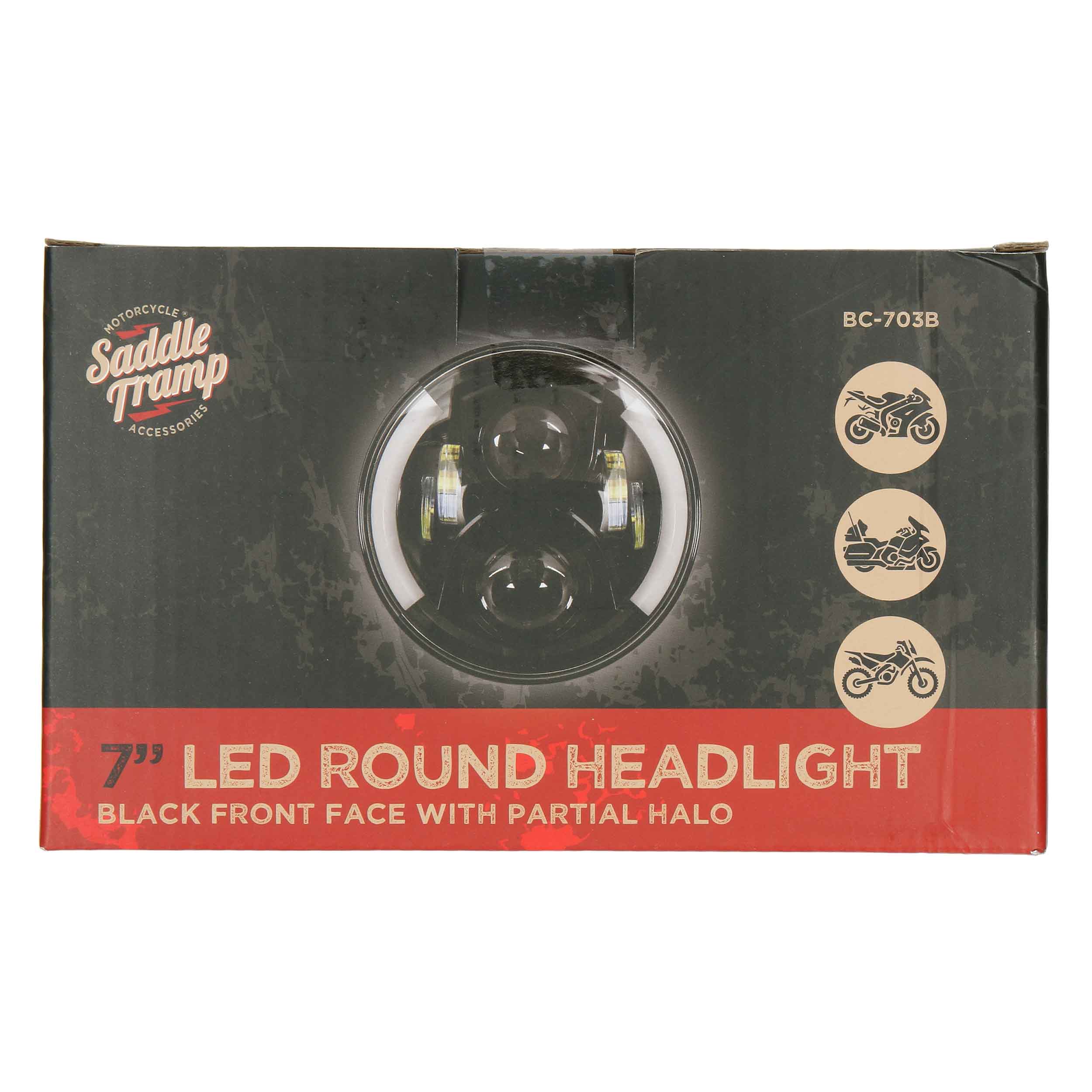 Round Motorcycle Headlights with Black Face and Partial Halo