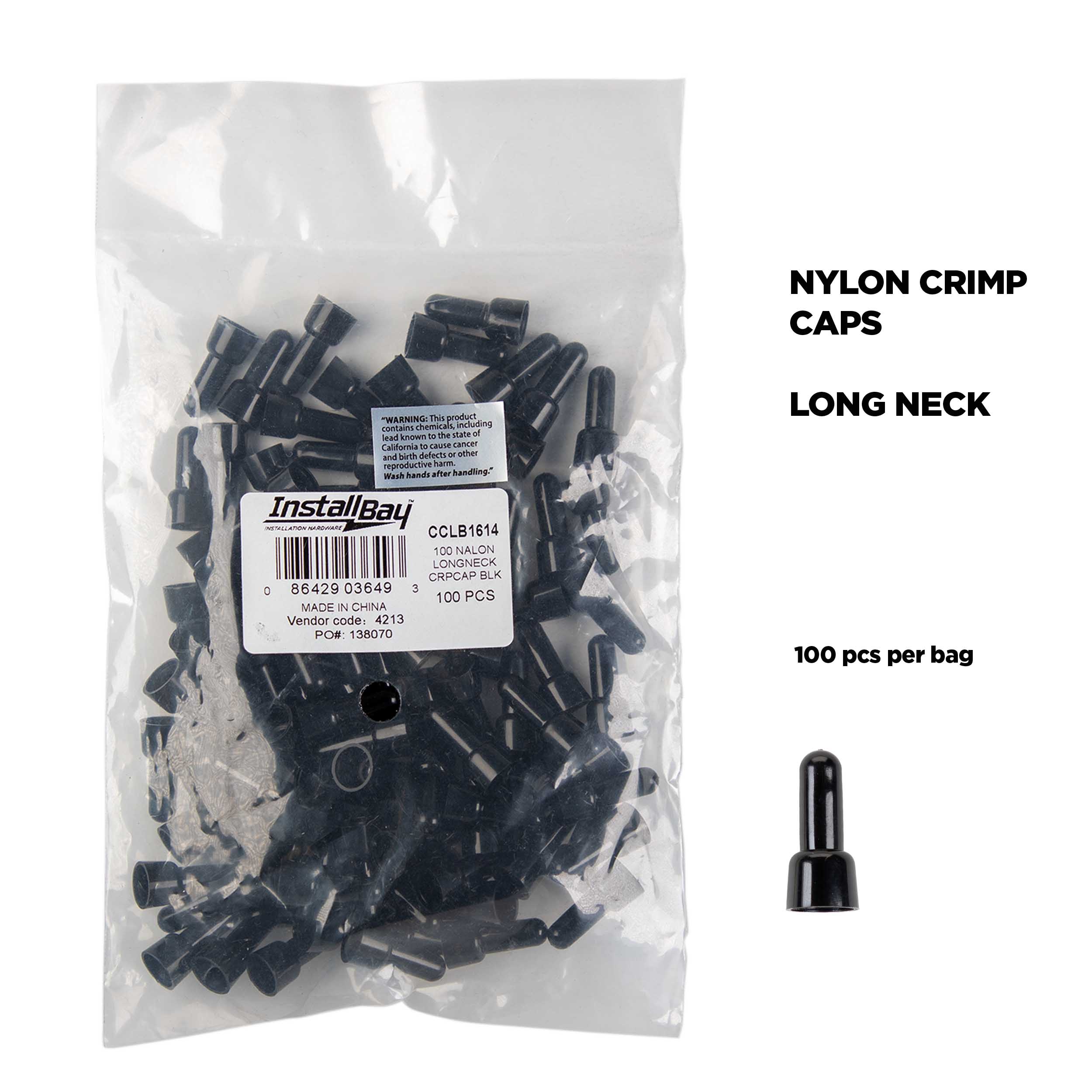 Crimp Cap Long Neck Black Nylon 16-14 Gauge - Package of 100