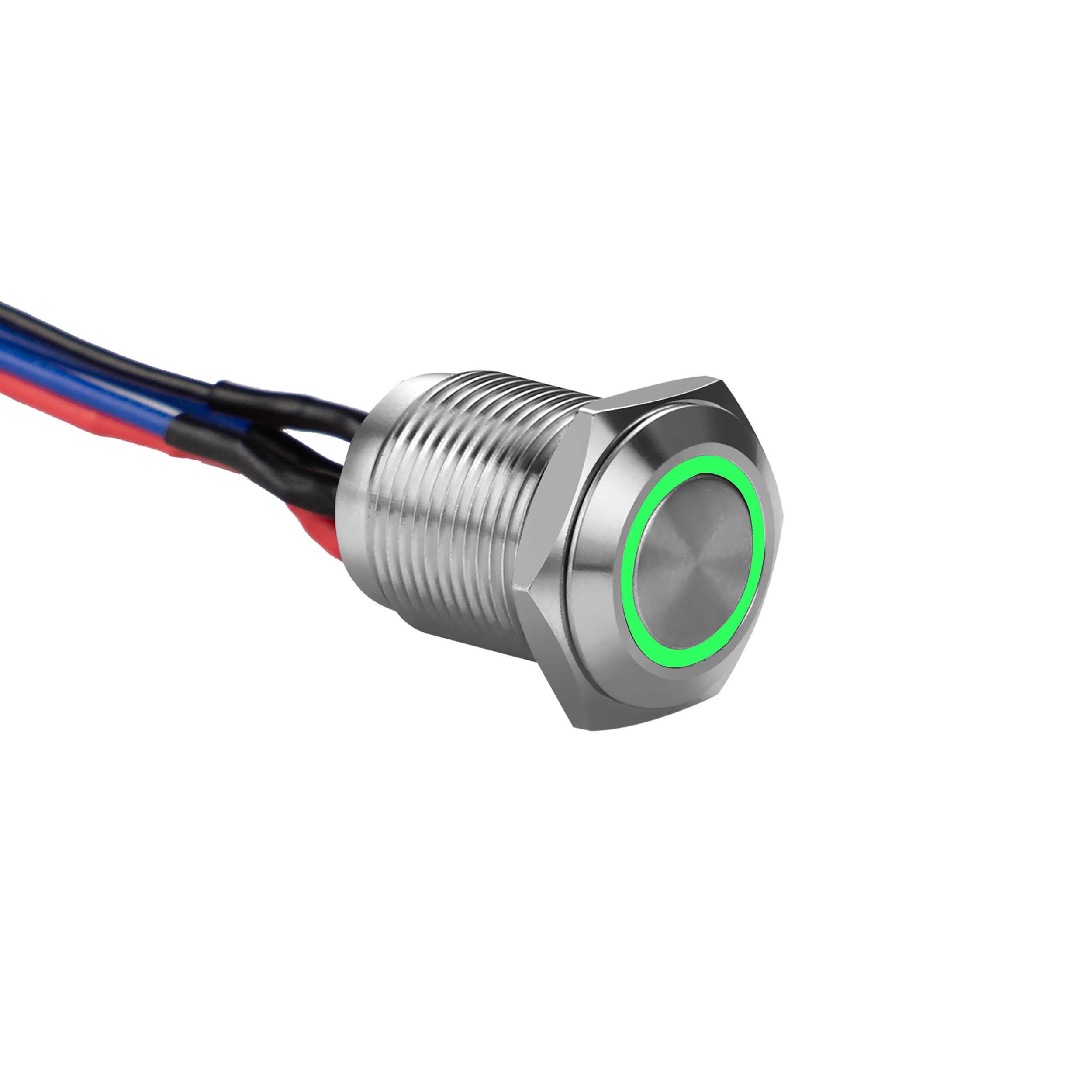 Silver 12MM Round Illuminated Momentary Switches - Green