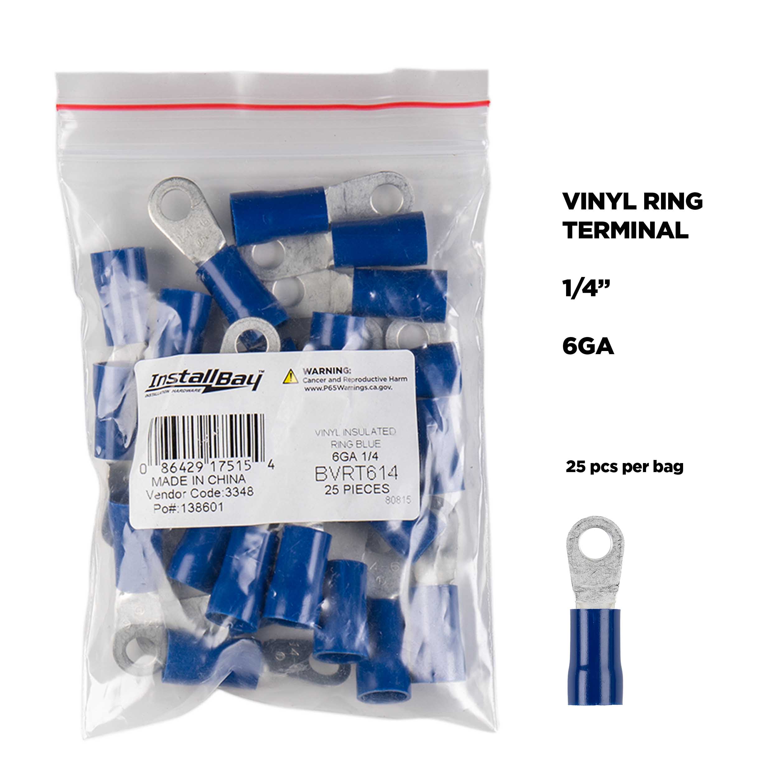 Blue Vinyl Ring Terminal 6 Gauge 1/4 Inch - Package of 25