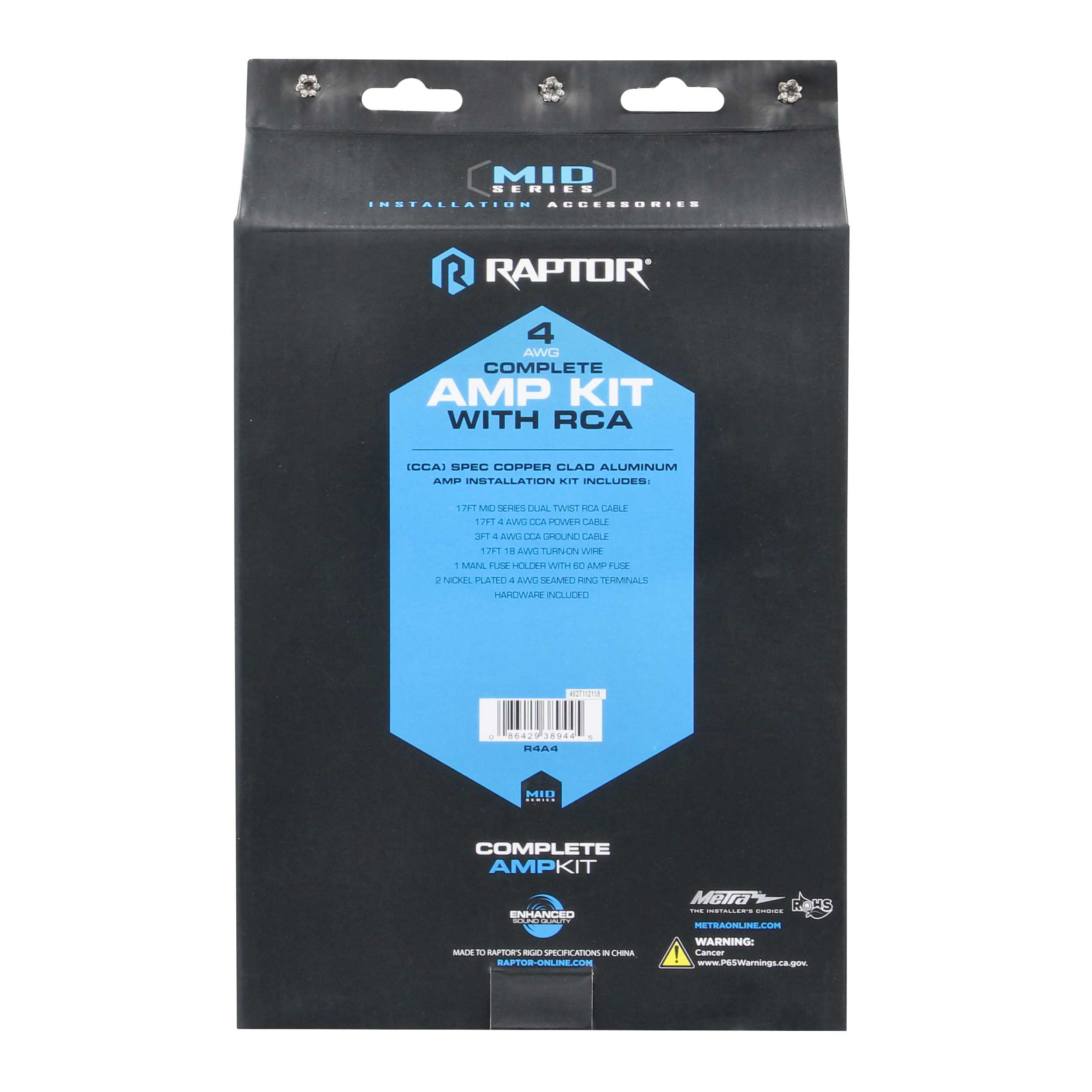 RAPTOR CCA 950W 4 AWG Amp Kit with RCA Cable - Mid Series