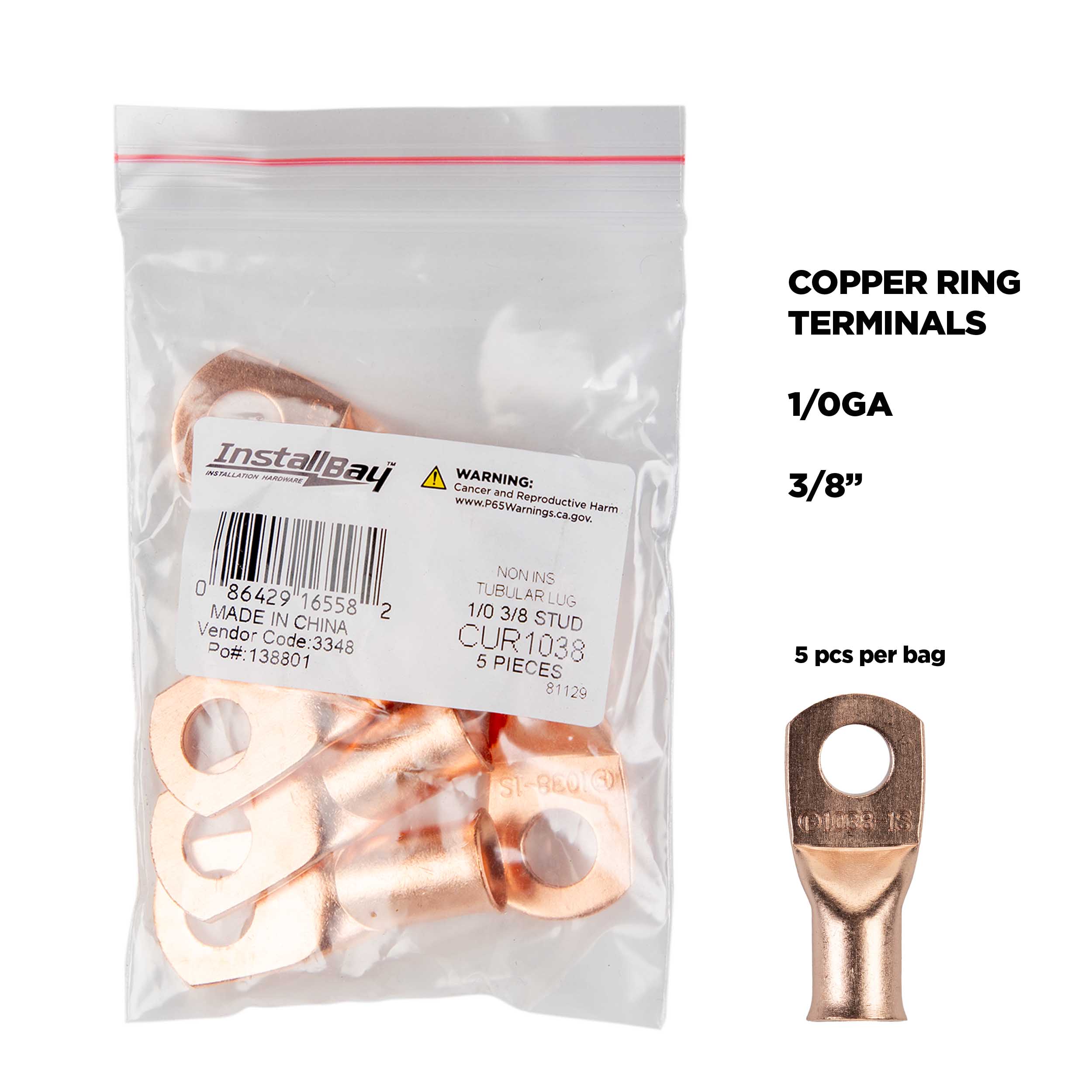 Copper Uninsulated Ring Terminal 1/0 Gauge 3/8 inch