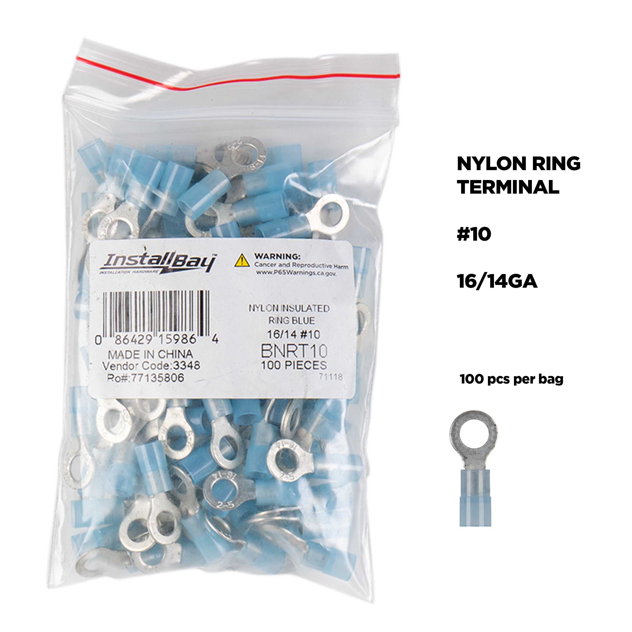 Blue Nylon Ring Terminal 16-14 Gauge #10 - Package of 100