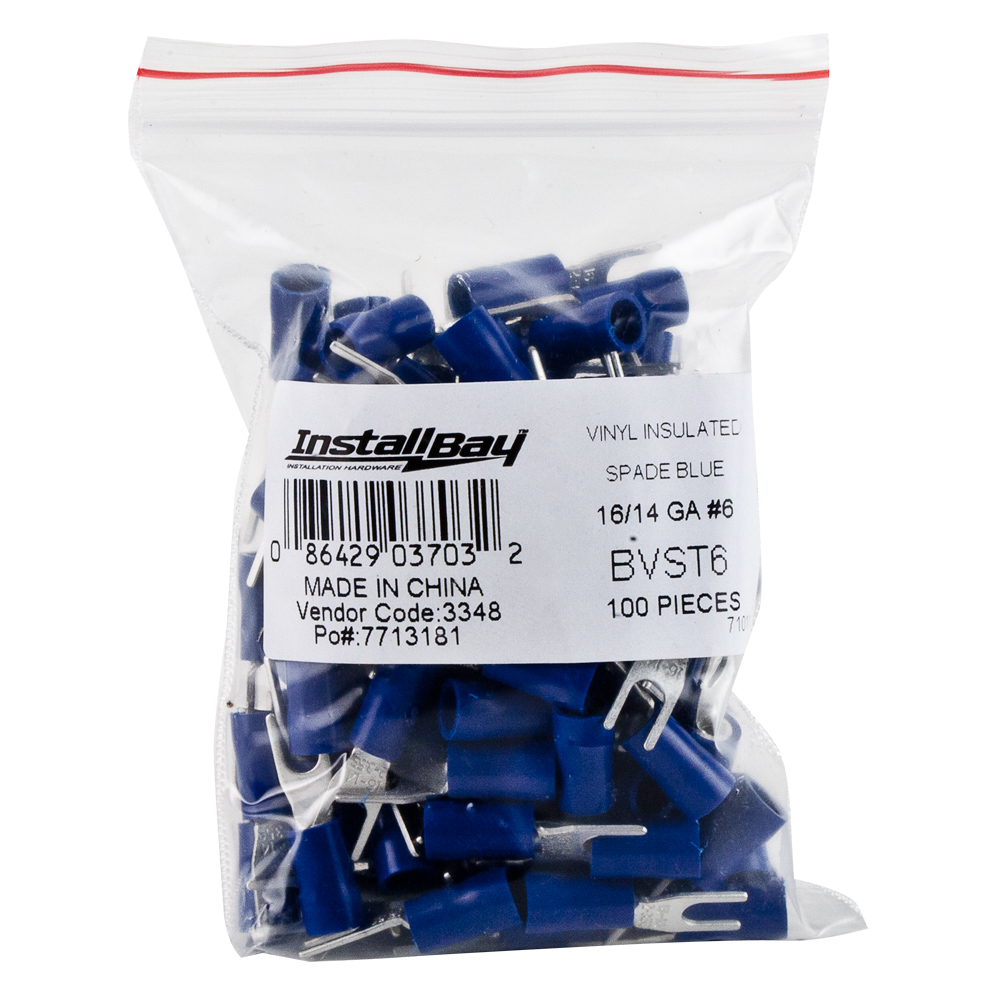 Blue Vinyl Spade Terminal 16-14 Gauge #6 - Package of 100