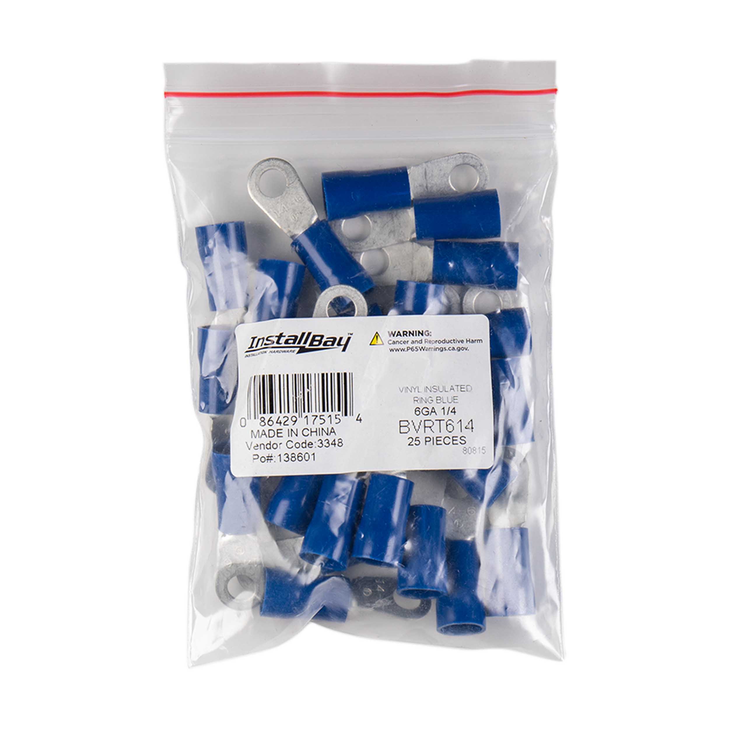 Blue Vinyl Ring Terminal 6 Gauge 1/4 Inch - Package of 25