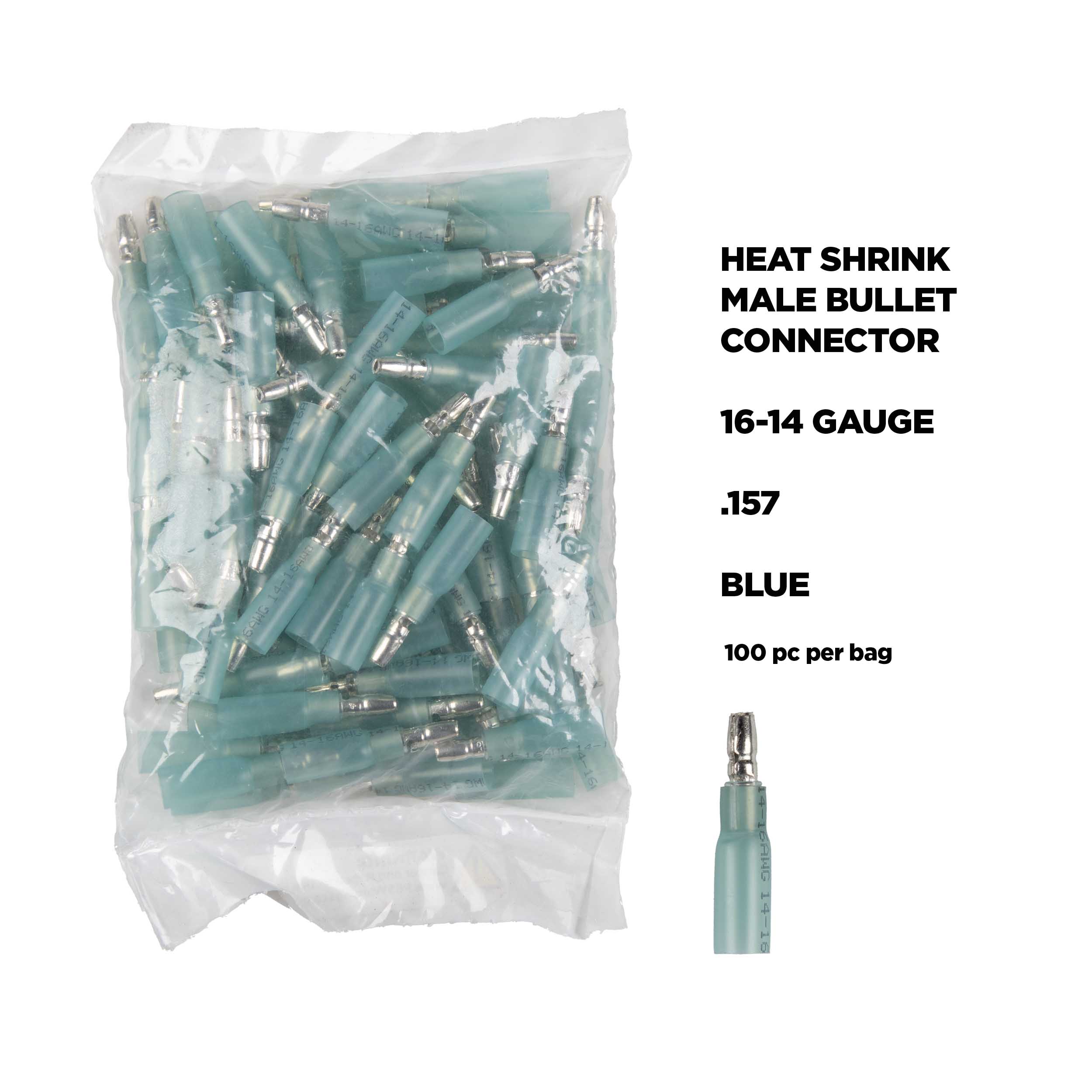 Heat Shrink Blue Male Bullet Connector 16-14 Gauge .157