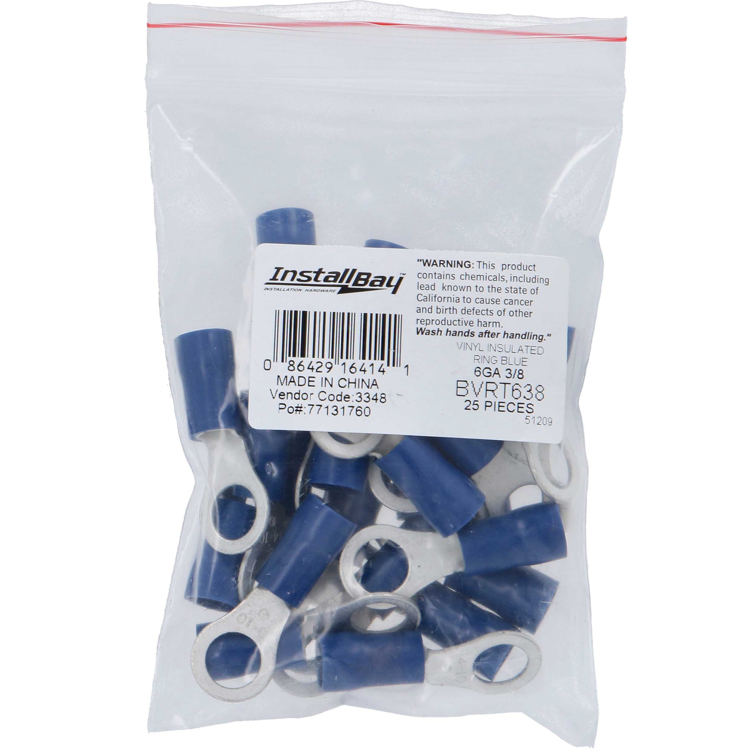Blue Vinyl Ring Terminal 6 Gauge 3/8 Inch - Package of 25