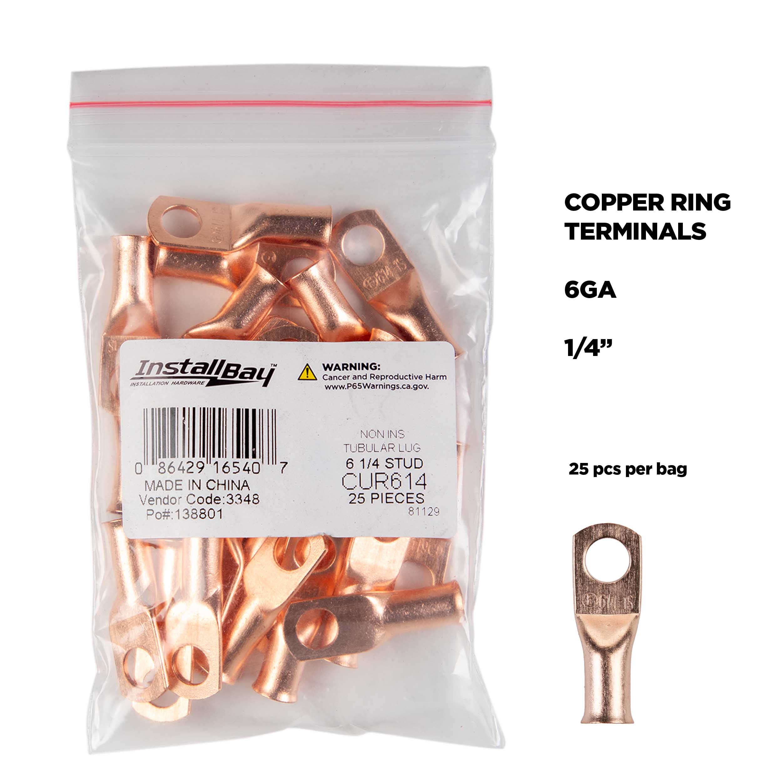 Copper Uninsulated Ring Terminal 6 Gauge 1/4 inch