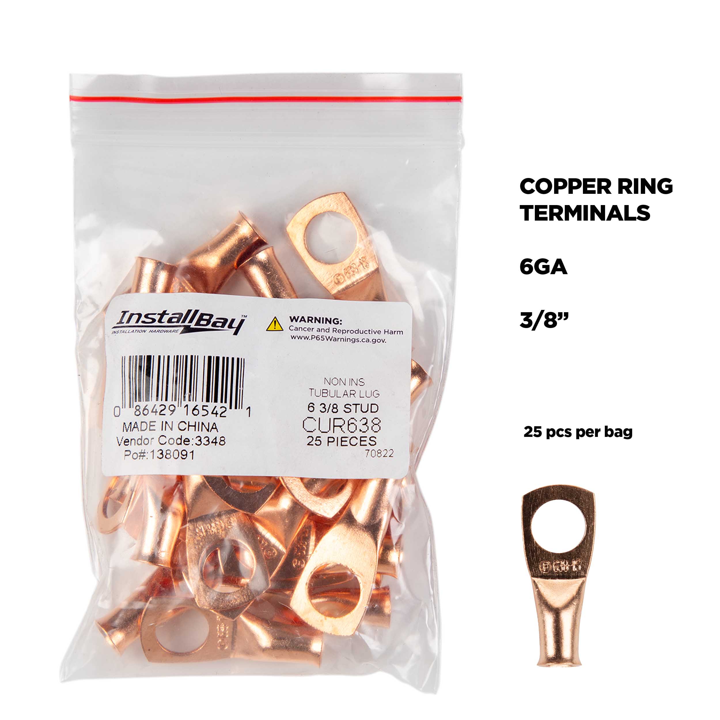 Copper Uninsulated Ring Terminal 6 Gauge 3/8 inch