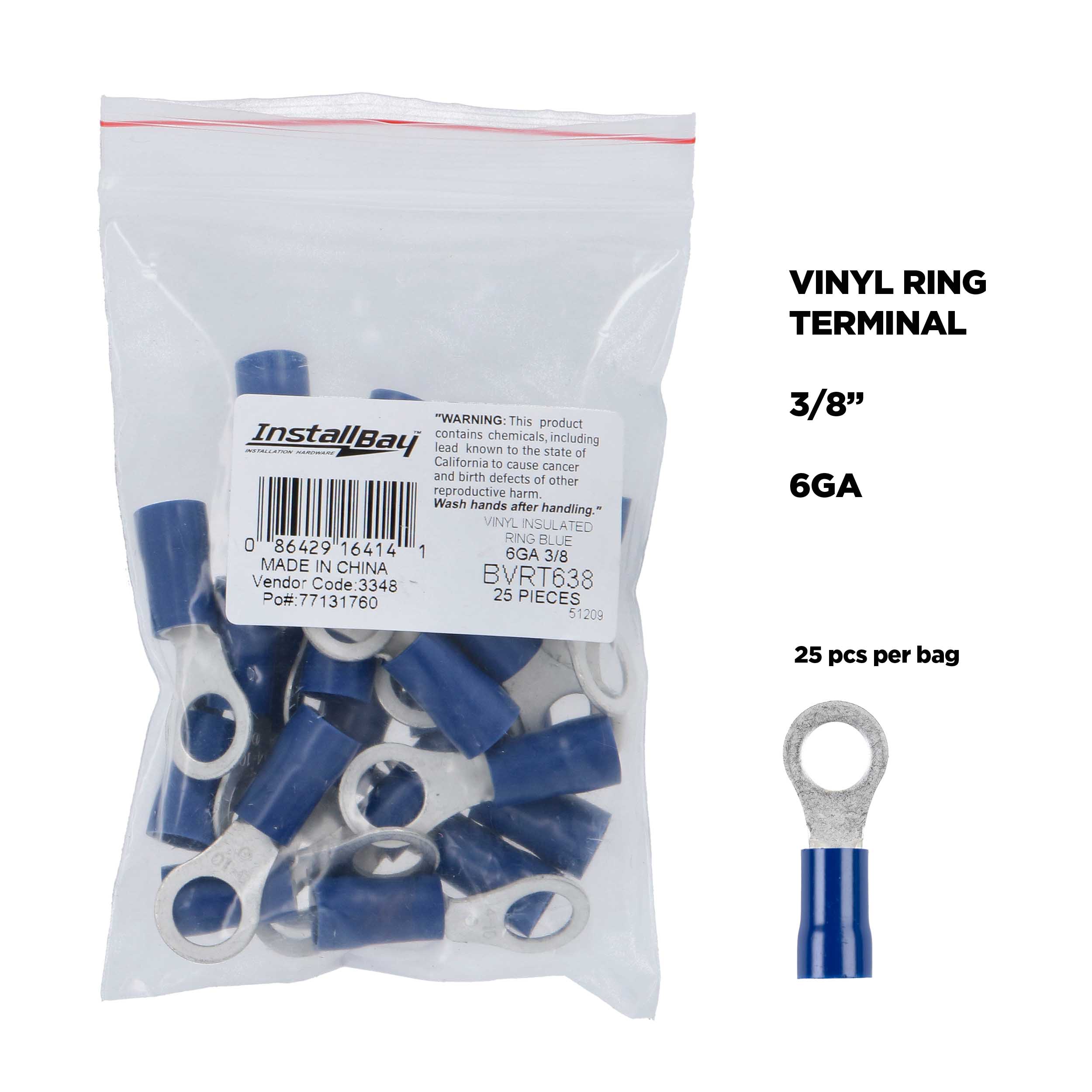 Blue Vinyl Ring Terminal 6 Gauge 3/8 Inch - Package of 25