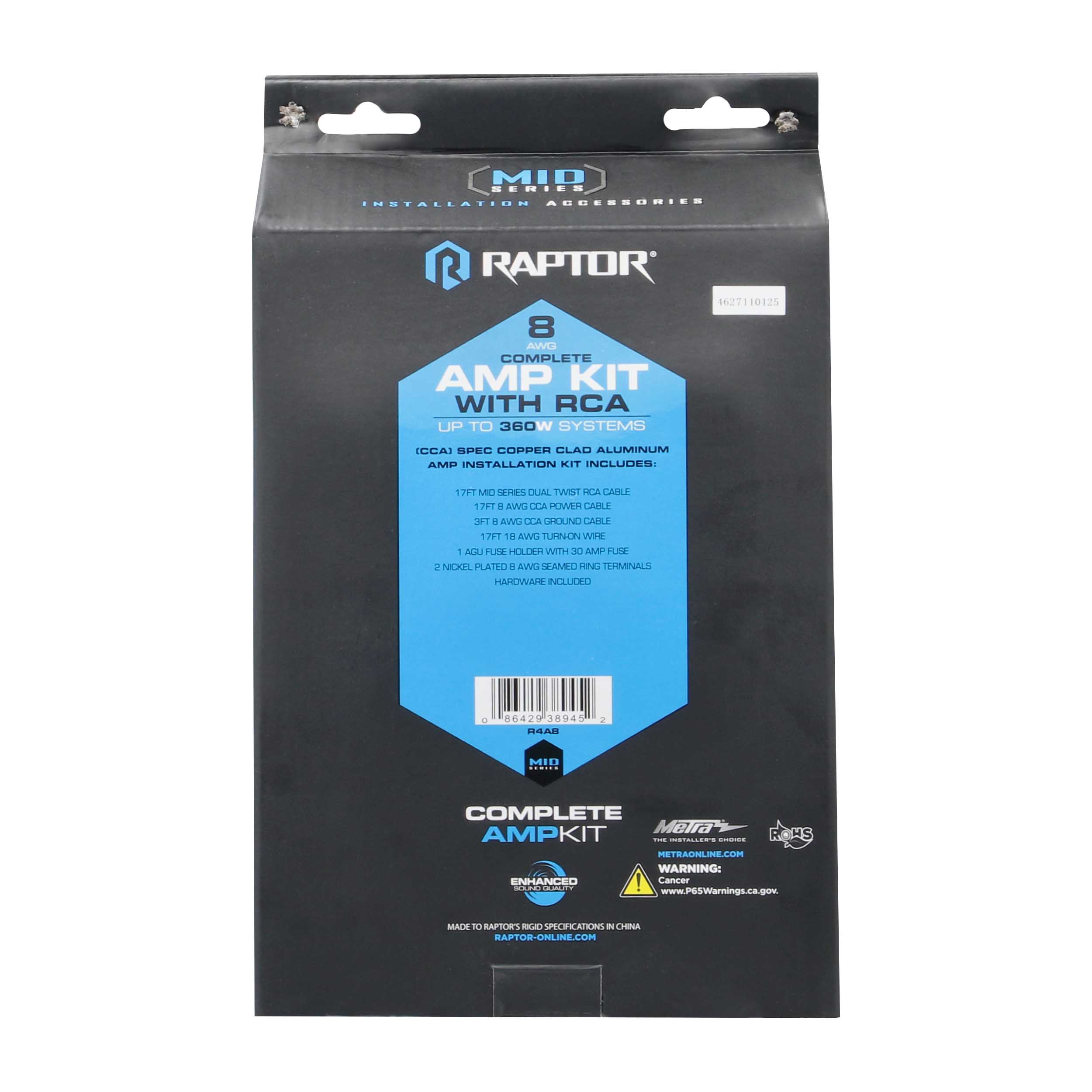 RAPTOR CCA 360W 8 AWG Amp Kit with RCA Cable - Mid Series