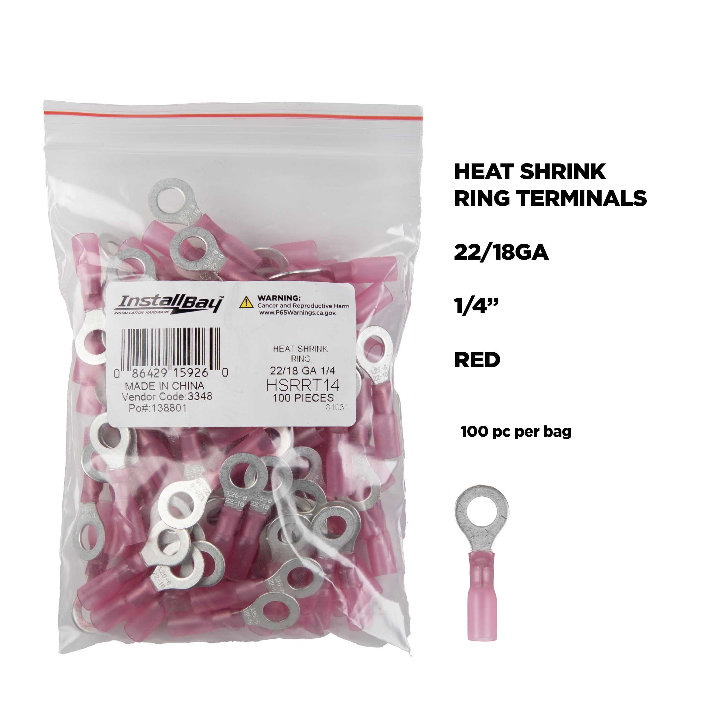 Heat Shrink Red Ring Terminal 22-18 Gauge 1/4 inch