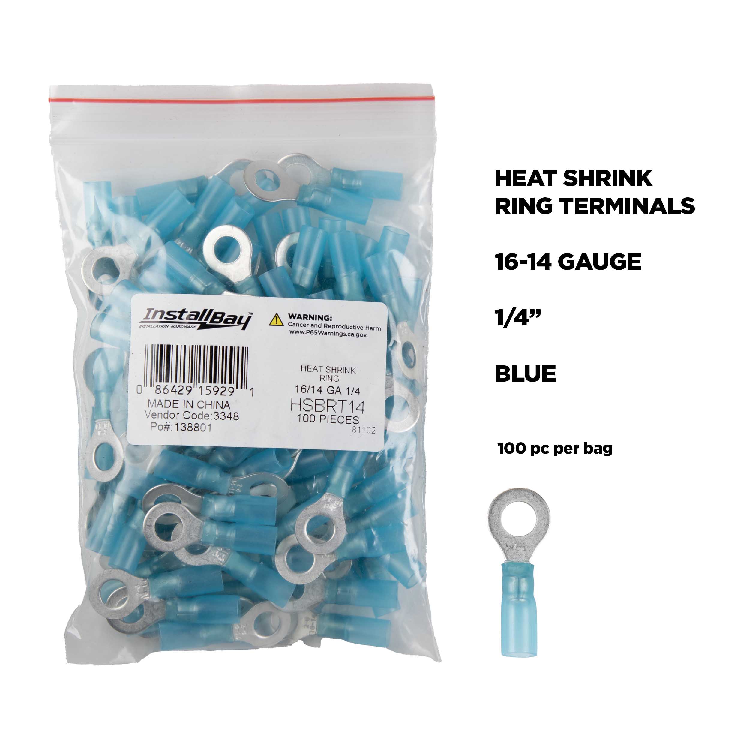 Heat Shrink Blue Ring Terminal 16-14 Gauge 1/4 inch