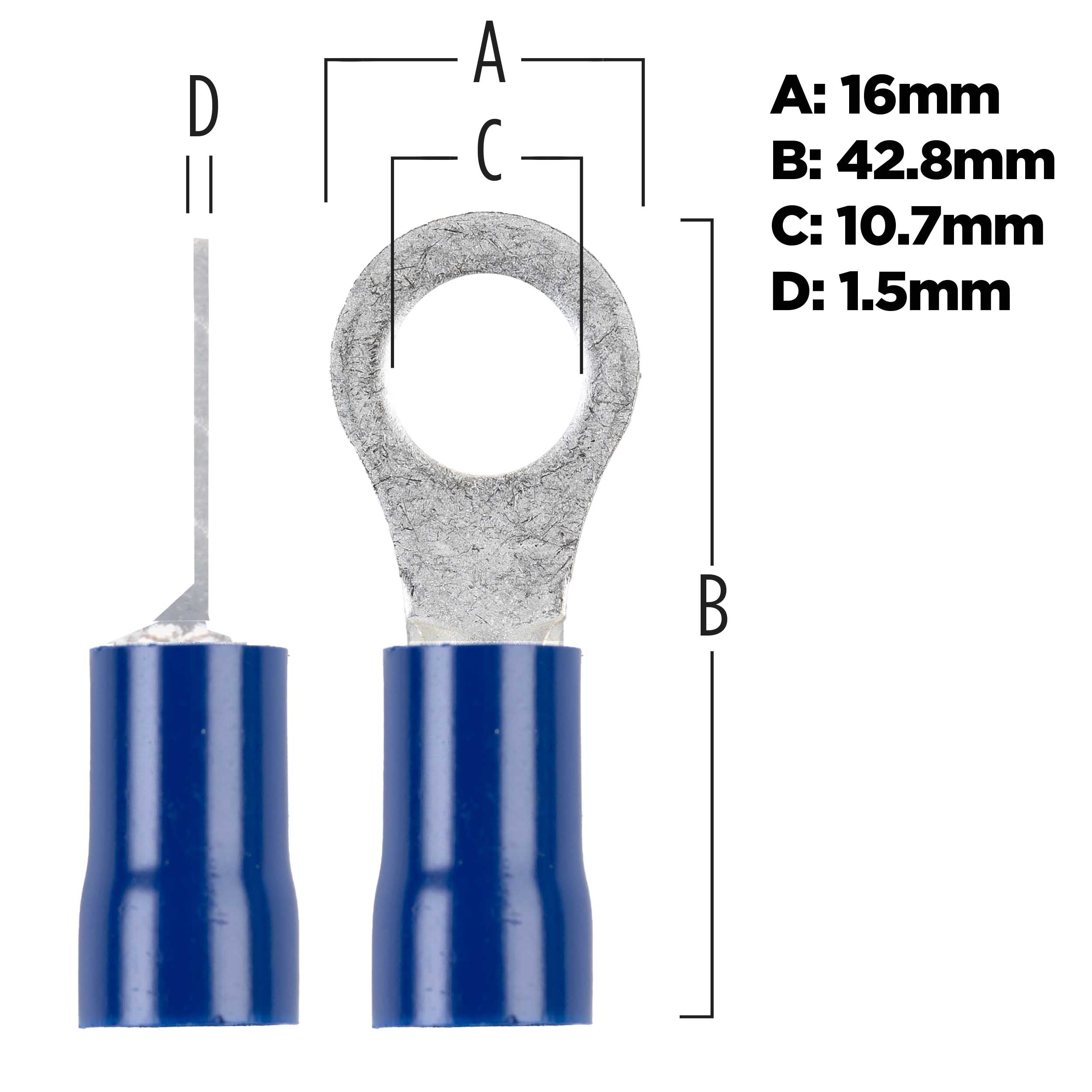 Blue Vinyl Ring Terminal 6 Gauge 3/8 Inch - Package of 25