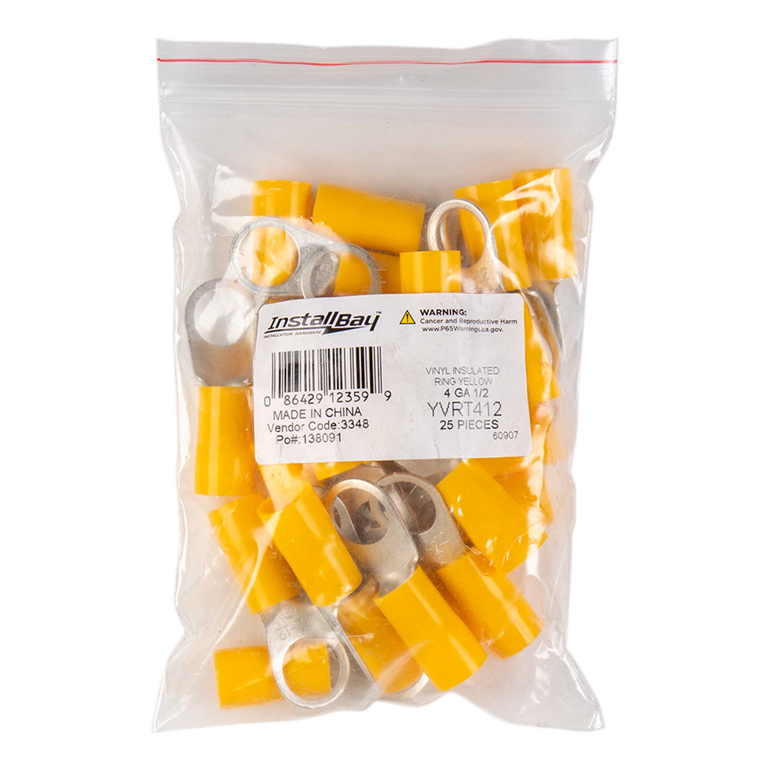 Yellow Vinyl Ring Terminal 4 Gauge 1/2 inch - Package of 25
