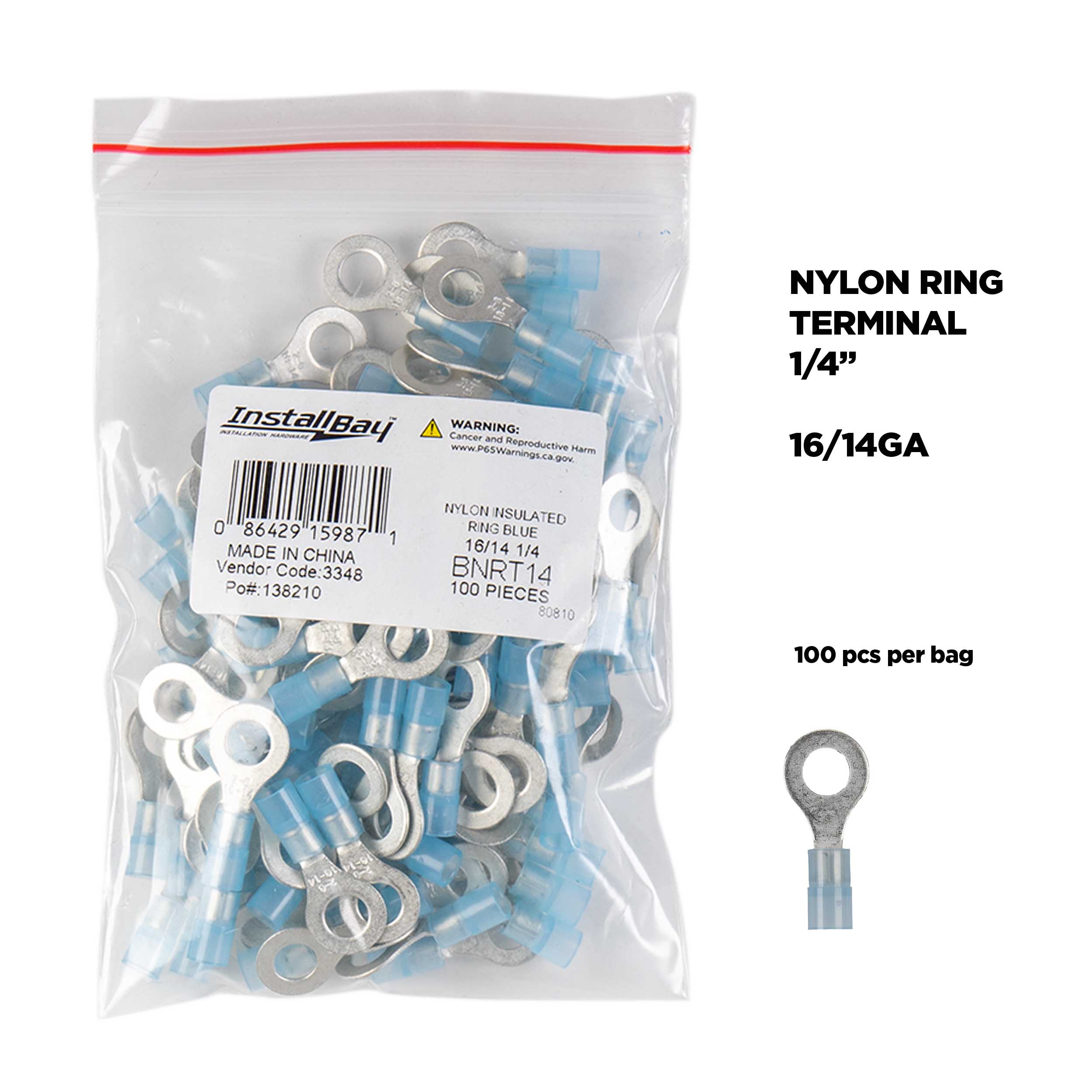 Blue Nylon Ring Terminals 16-14 GA 1/4 inch - Package of 100