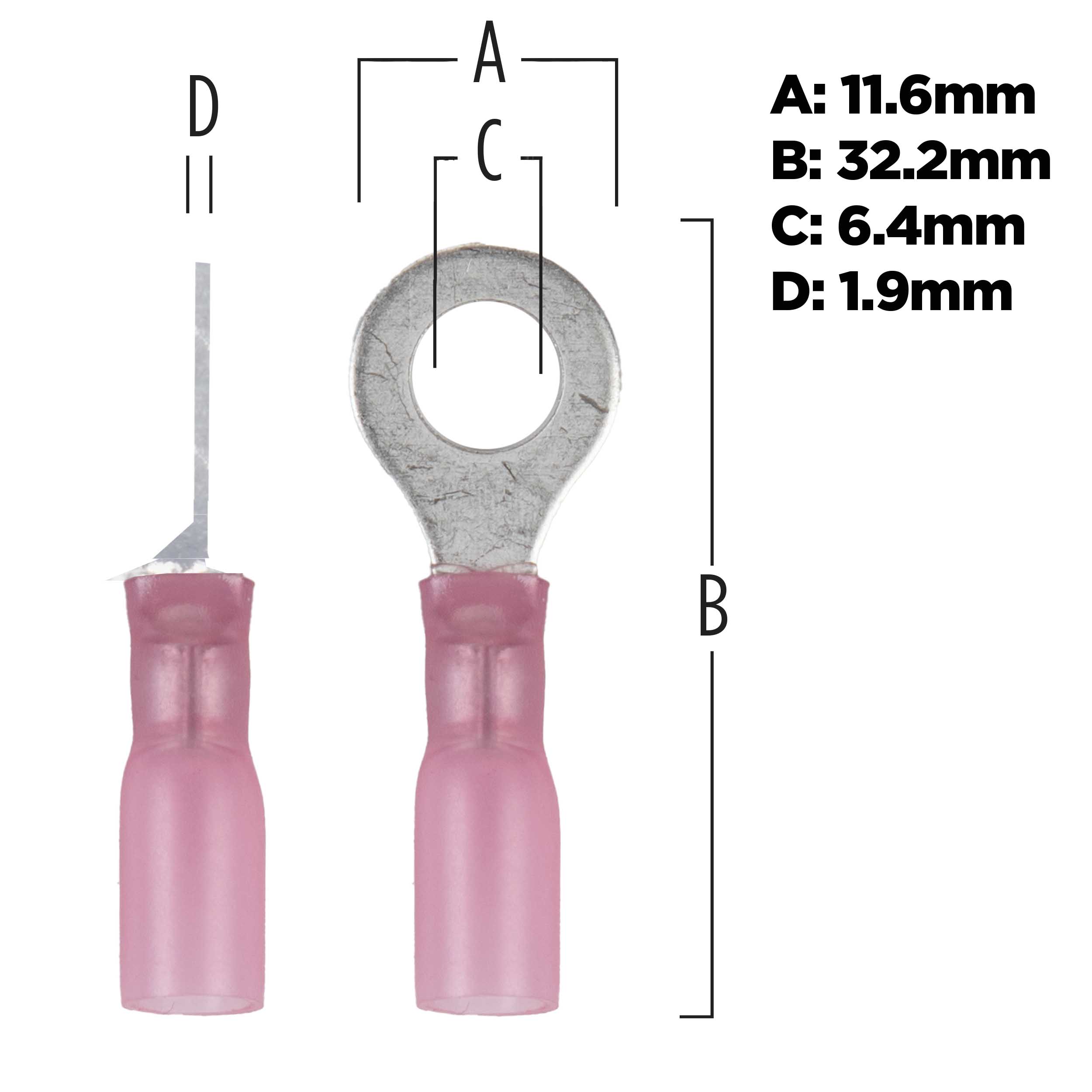 Heat Shrink Red Ring Terminal 22-18 Gauge 1/4 inch