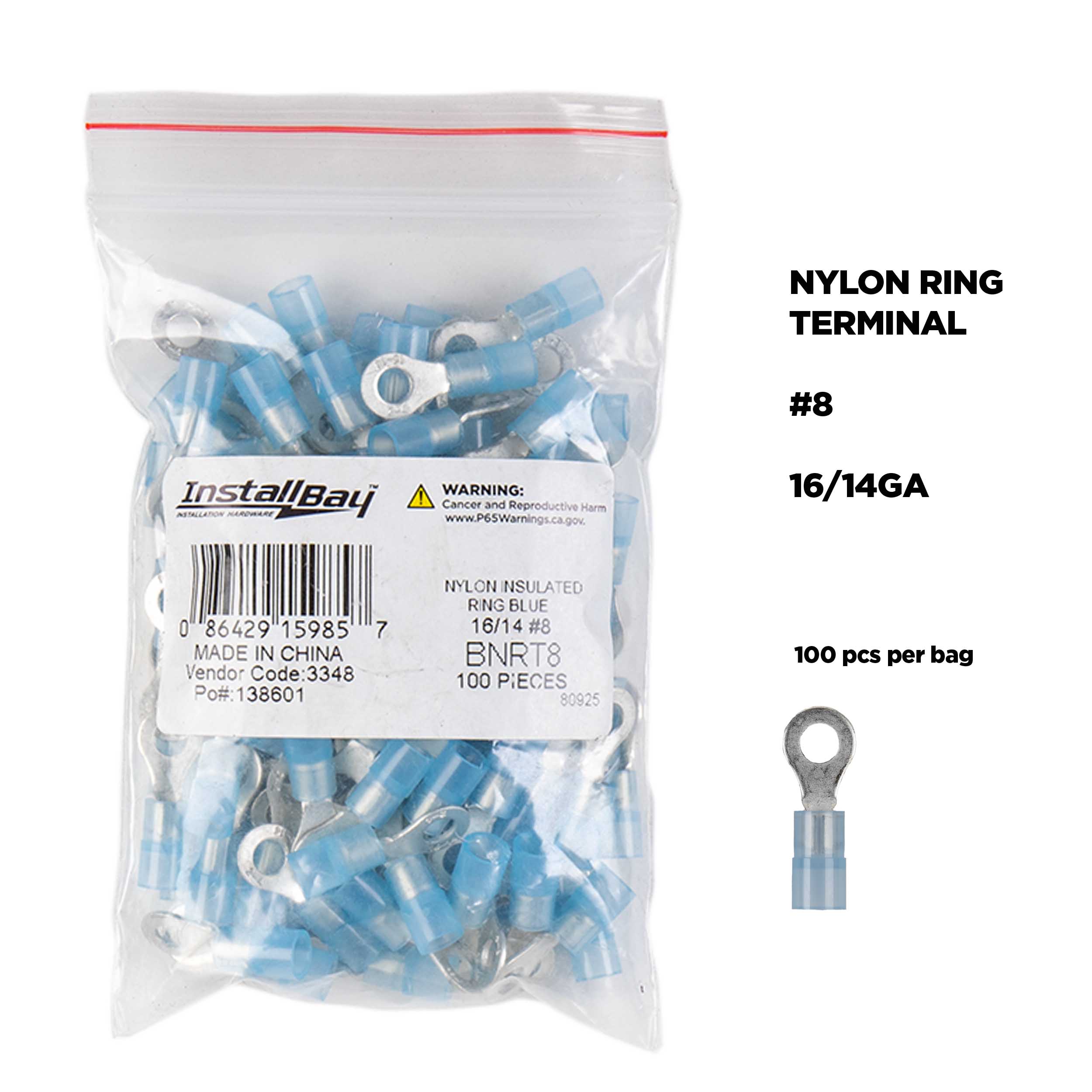 Blue Nylon Ring Terminal 16-14 Gauge #8 - Package of 100
