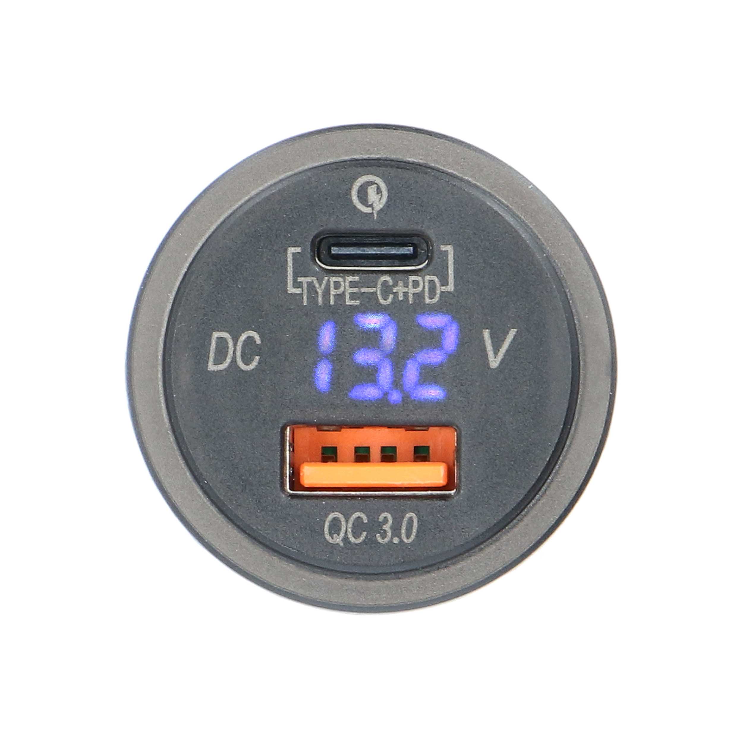 Type C + USB 3.0 4X Charge + Voltmeter Flush Mount - Retail