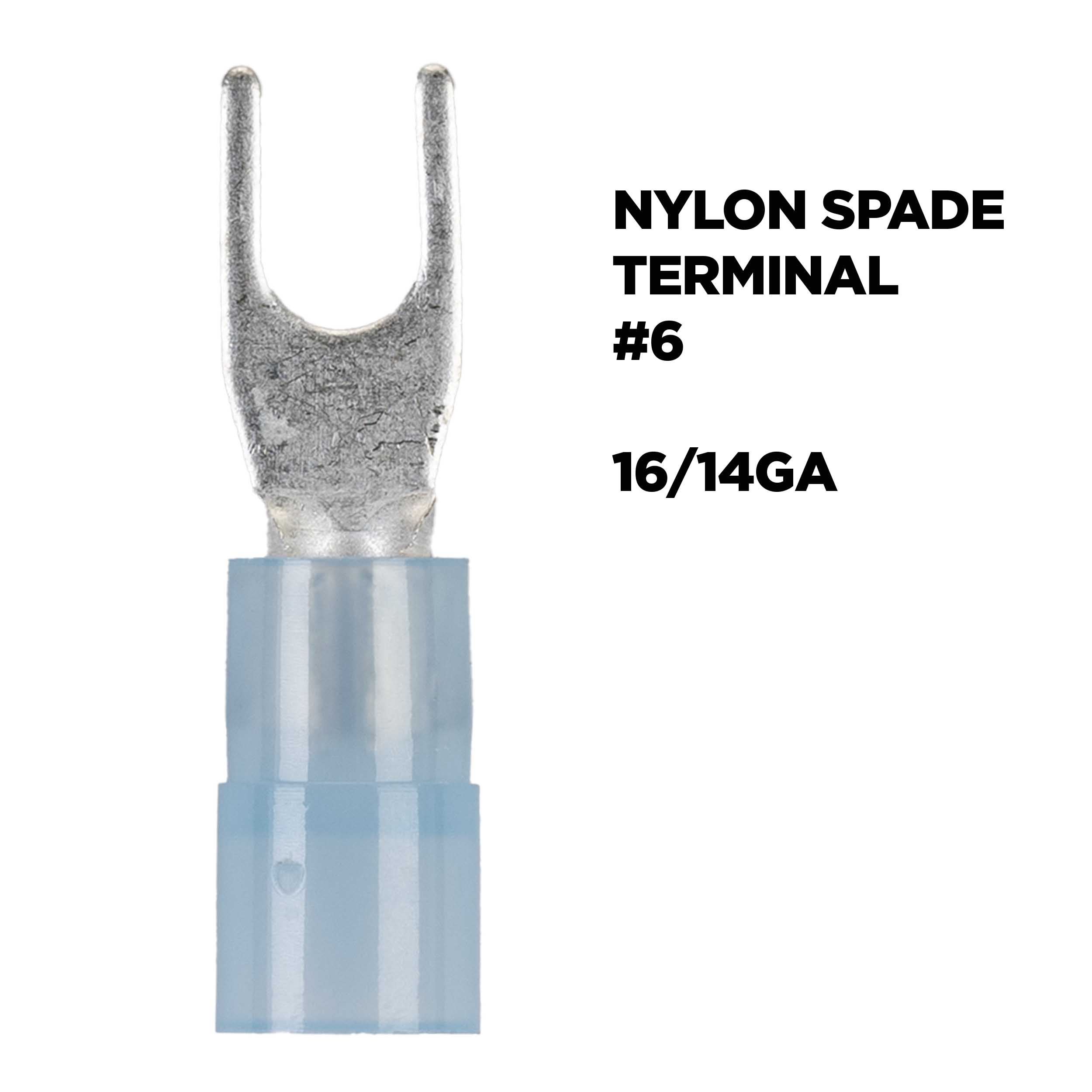 Blue Nylon Spade Terminals 16-14 Gauge #6 - Package of 100