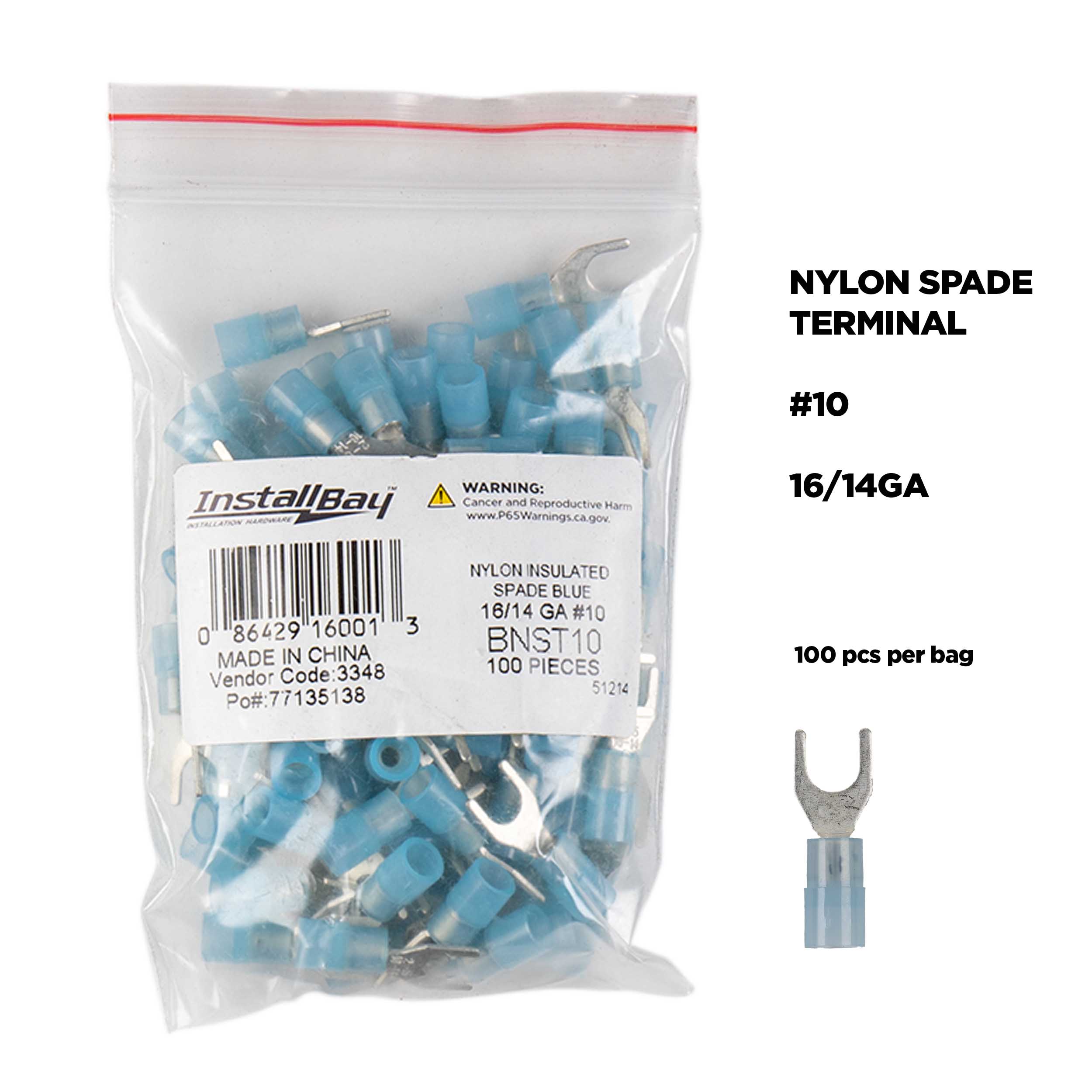 Blue Nylon Spade Terminals 16-14 Gauge #10 - Package of 100