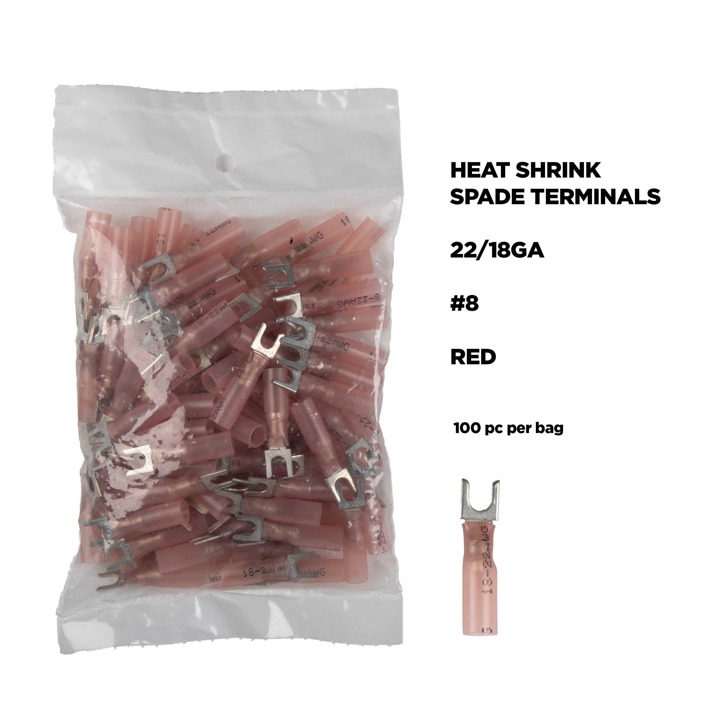 Heat Shrink Red Vinyl Spade Term 22/18 Gauge #8 - 100 pack