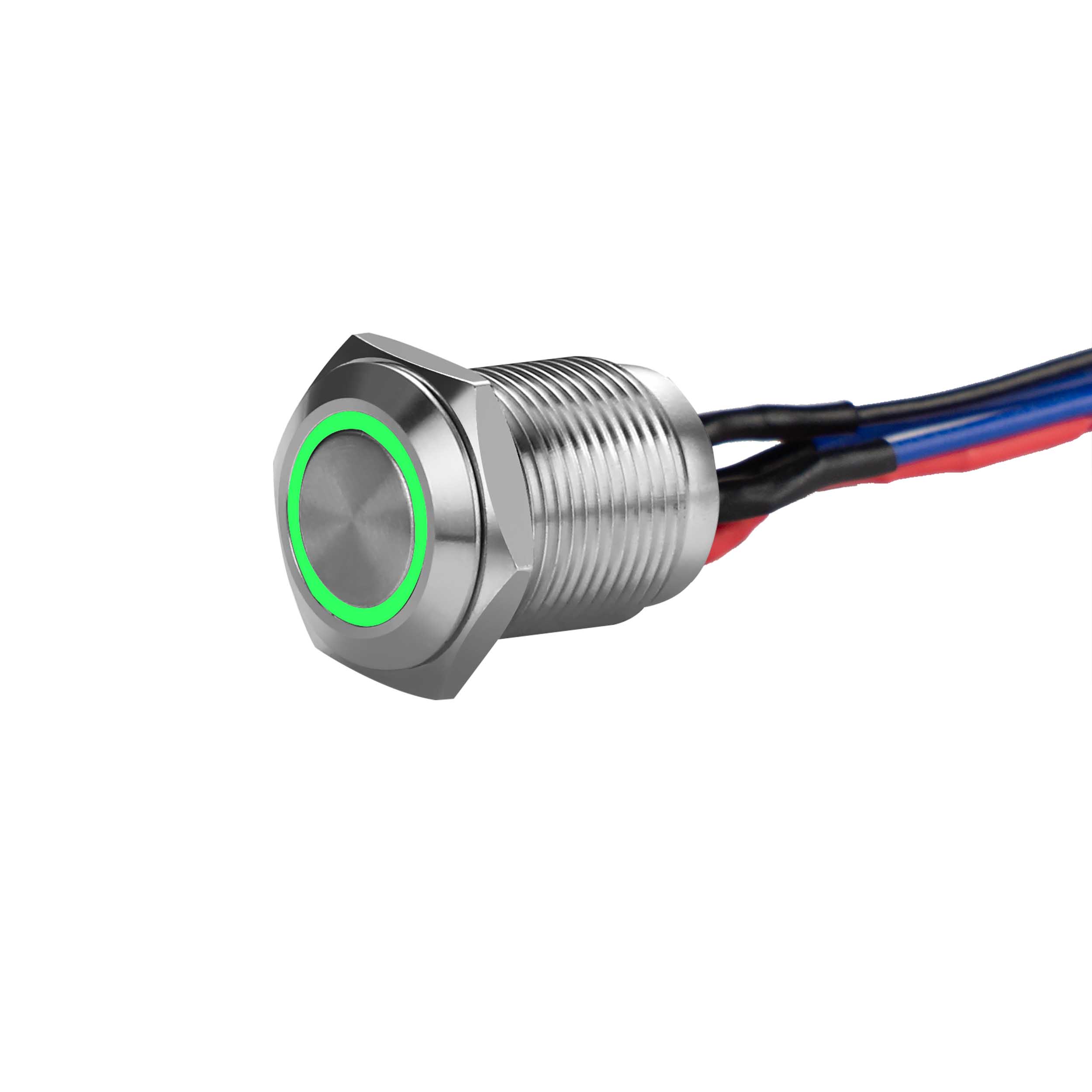 Silver 12MM Round Illuminated Momentary Switches - Green