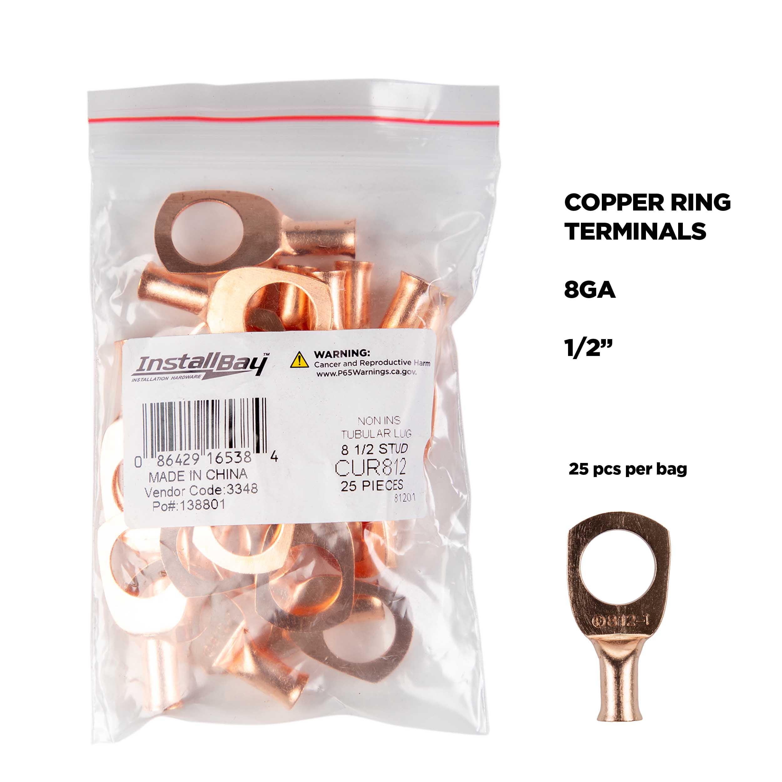 Copper Uninsulated Ring Terminal 8 Gauge 1/2 inch