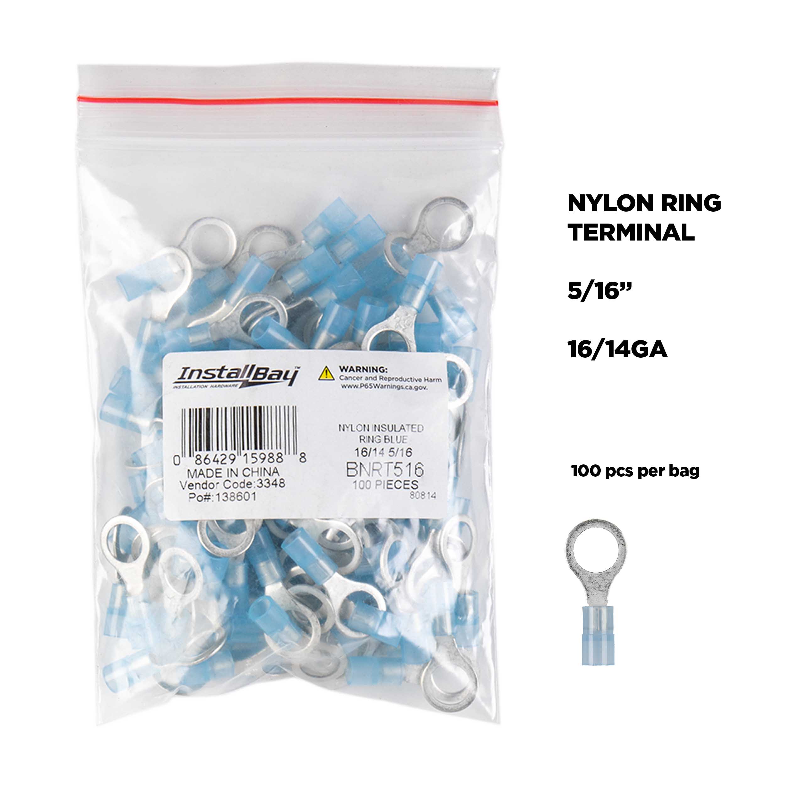 Blue Nylon Ring Terminal 16-14 Gauge 5/16 in - Pack of 100