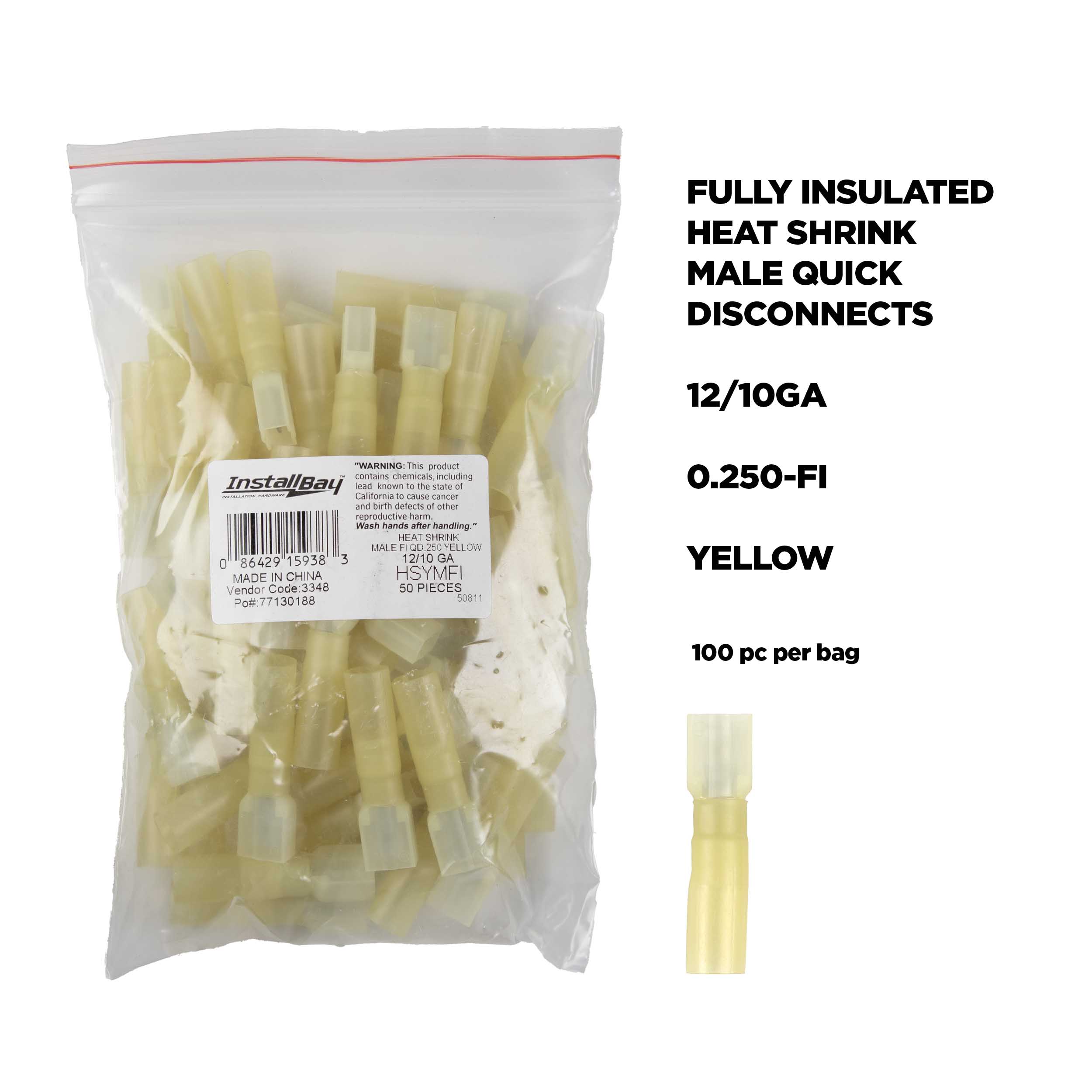 Heat Shrink Yellow Male Quick Disconnects 12-10 Gauge .250