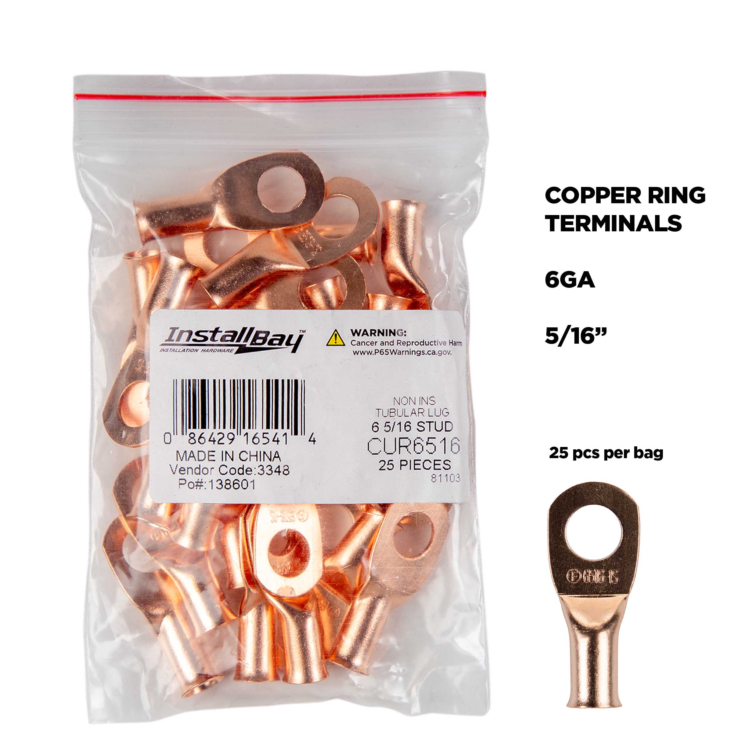 Copper Uninsulated Ring Terminal 6 Gauge 5/16 inch