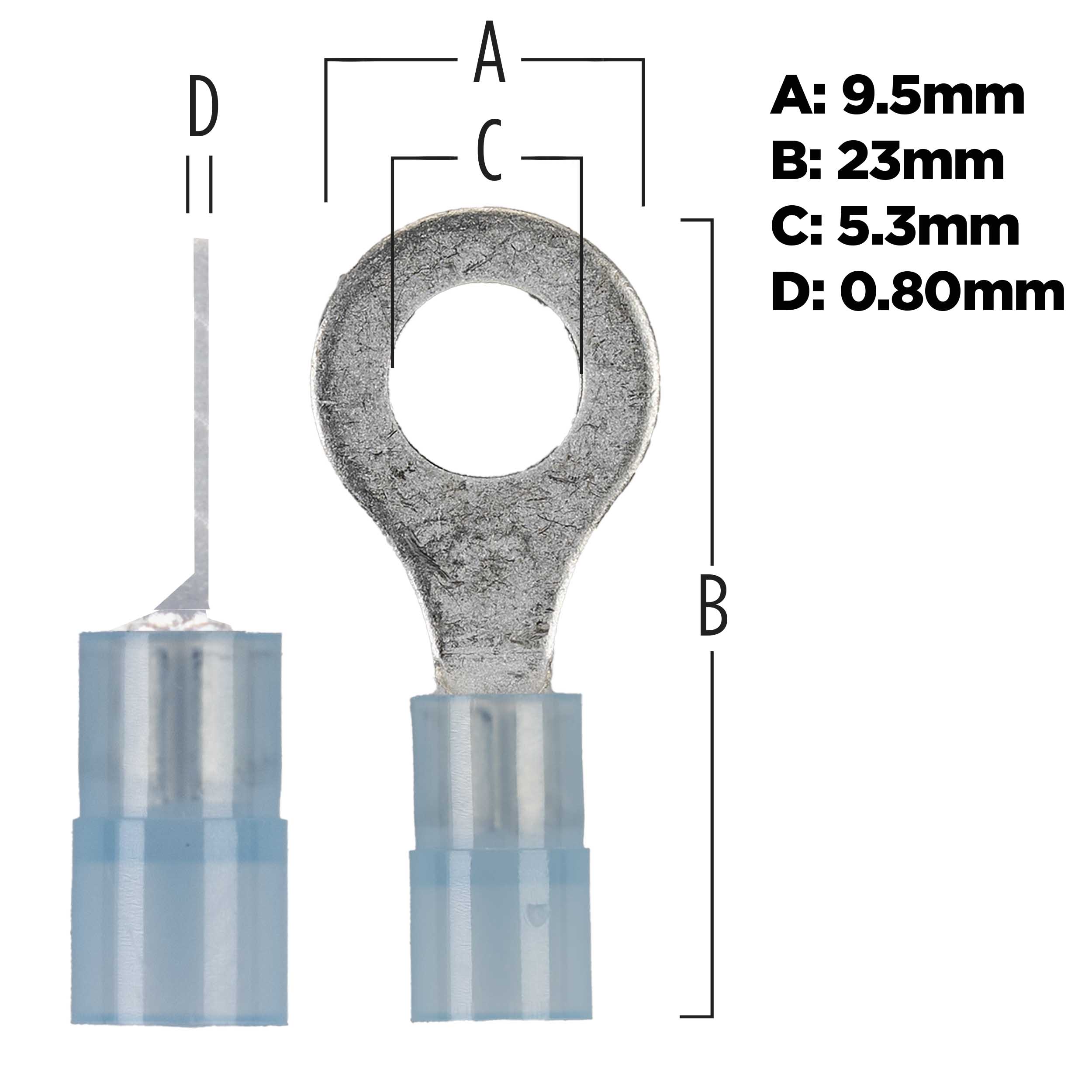 Blue Nylon Ring Terminals 16-14 GA 1/4 inch - Package of 100