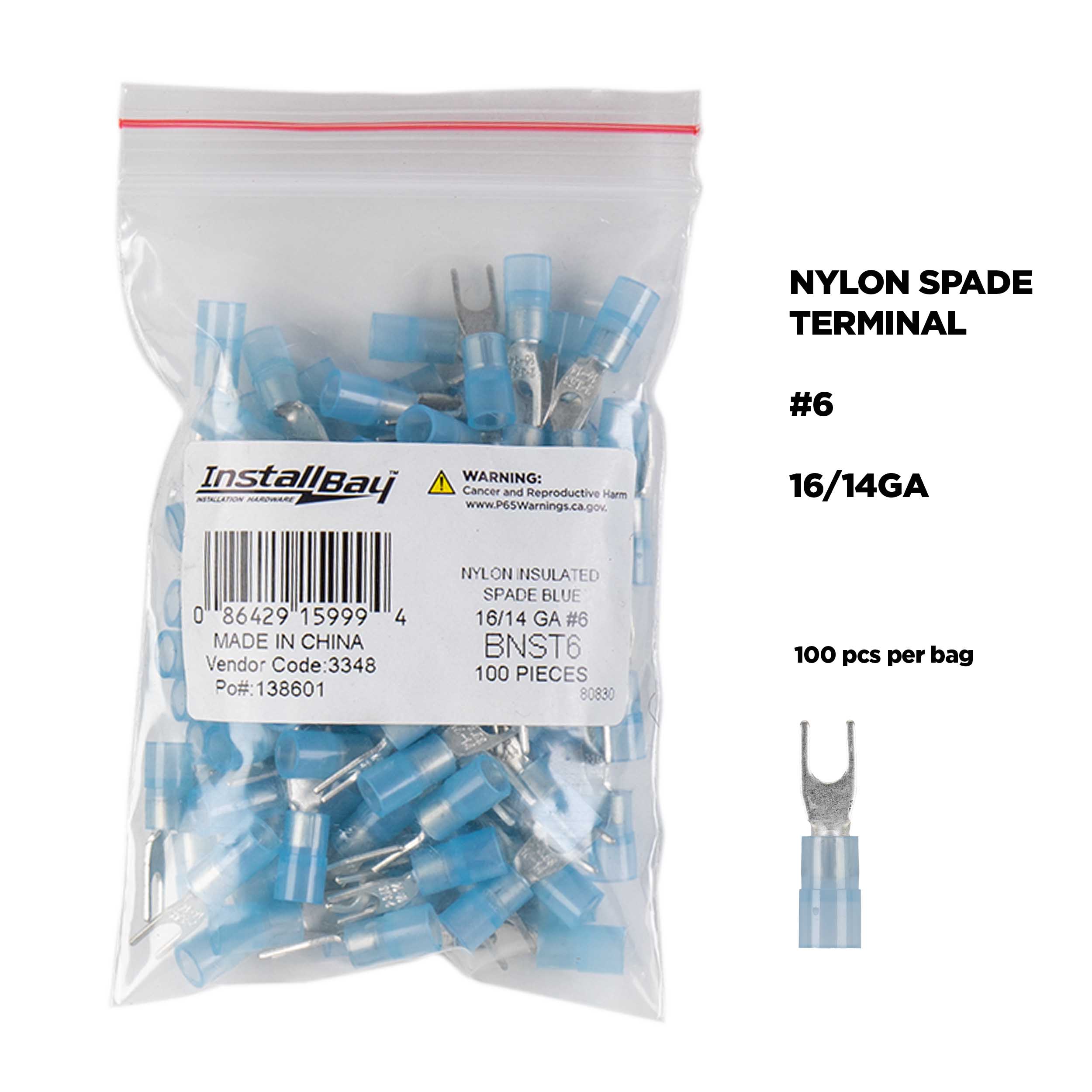 Blue Nylon Spade Terminals 16-14 Gauge #6 - Package of 100