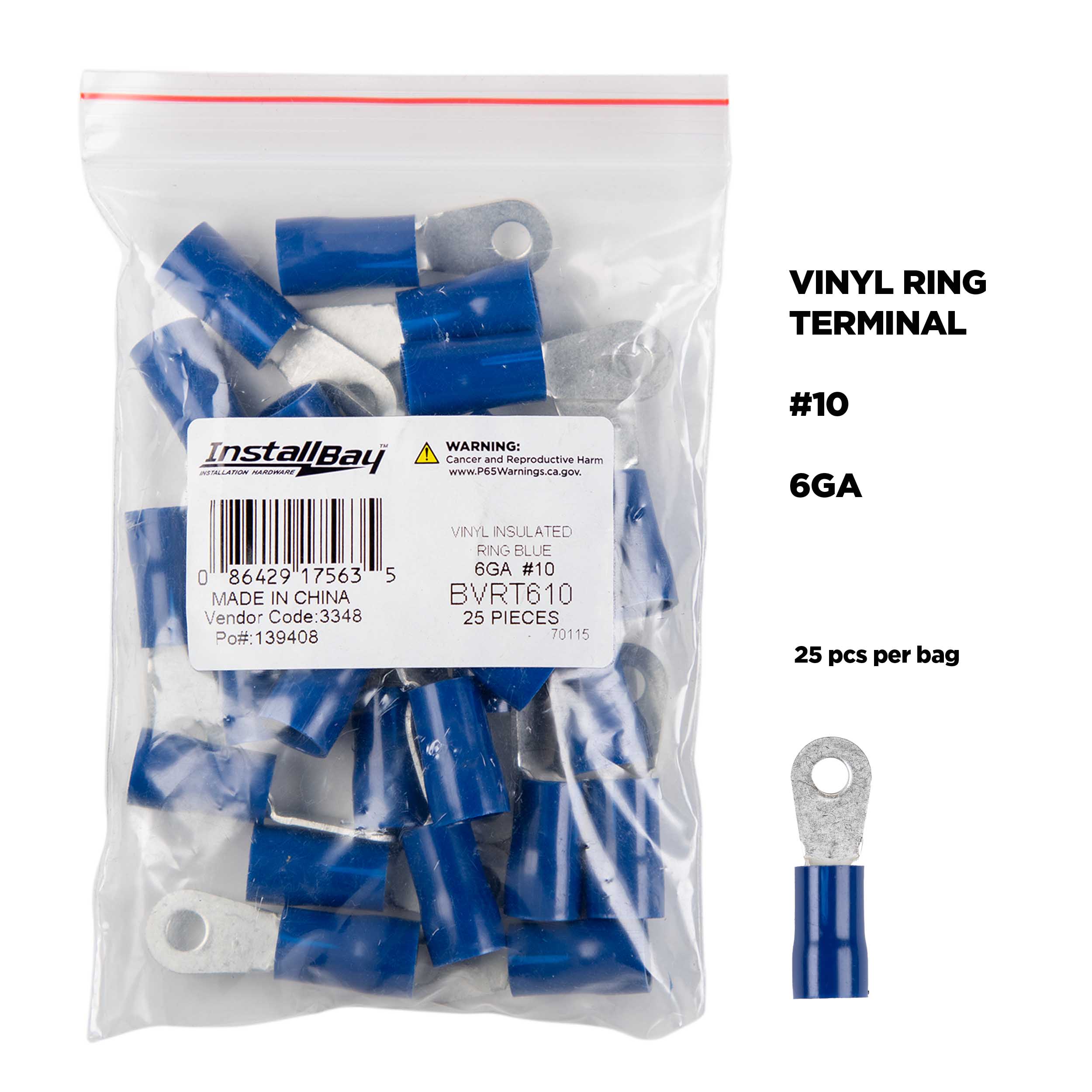 Blue Vinyl Ring Terminal 6 Gauge #10 -  Package of 25