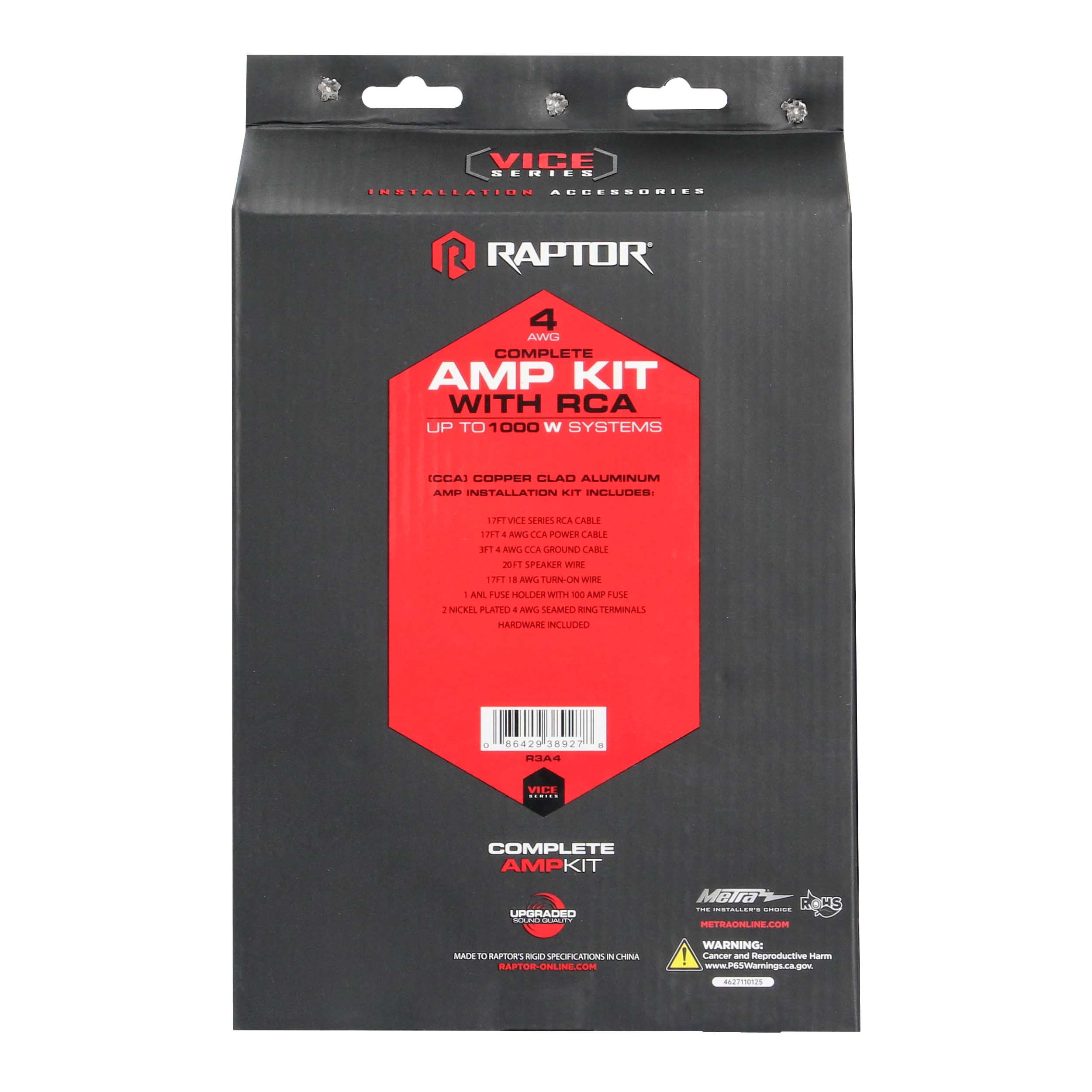 RAPTOR CCA 1000W 4 AWG Amp Kit with RCA Cable - Vice Series