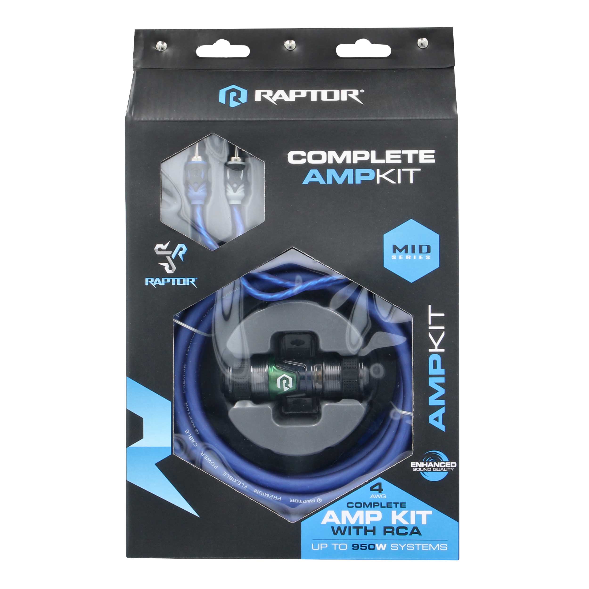 RAPTOR CCA 950W 4 AWG Amp Kit with RCA Cable - Mid Series