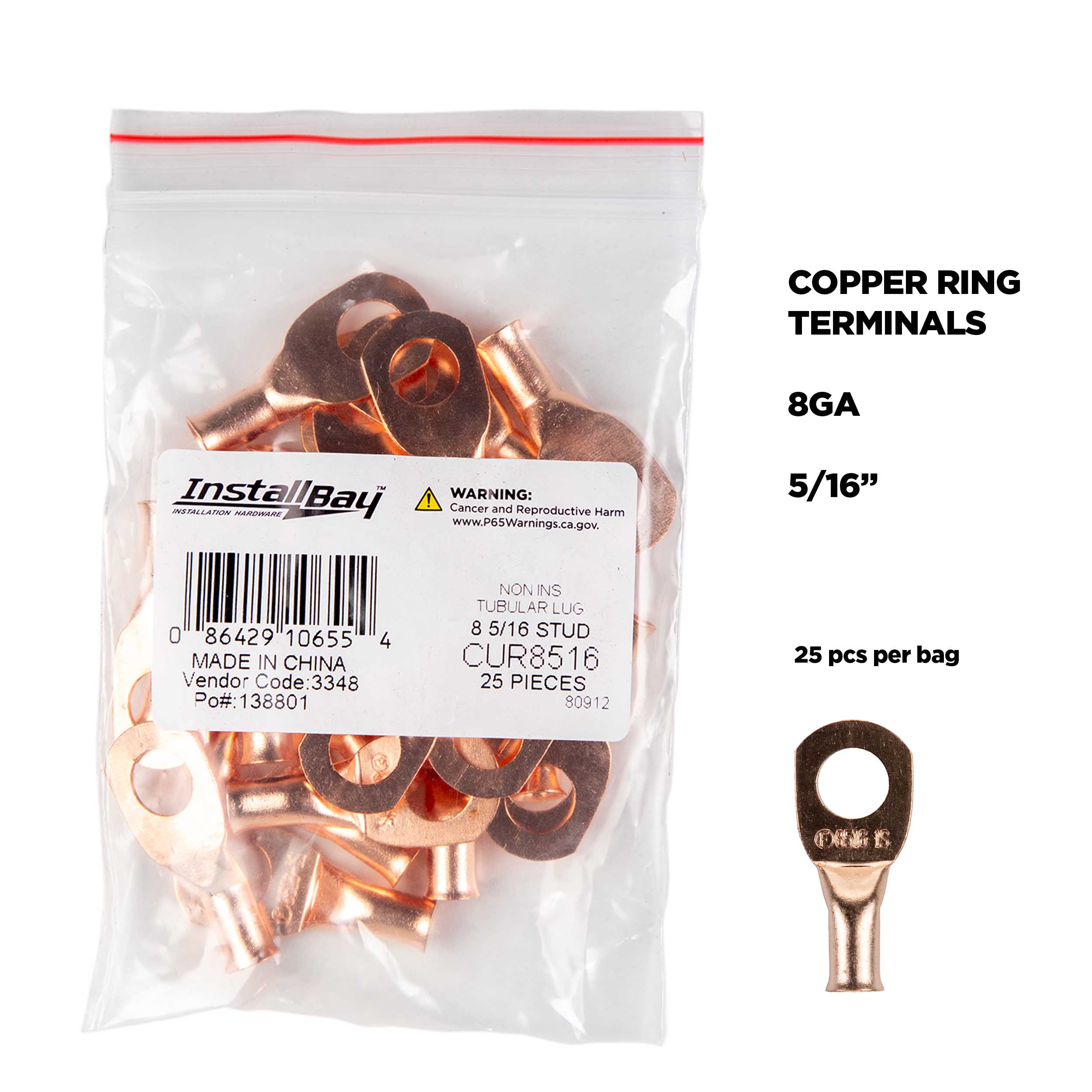 Copper Uninsulated Ring Terminal 8 Gauge 5/16 inch